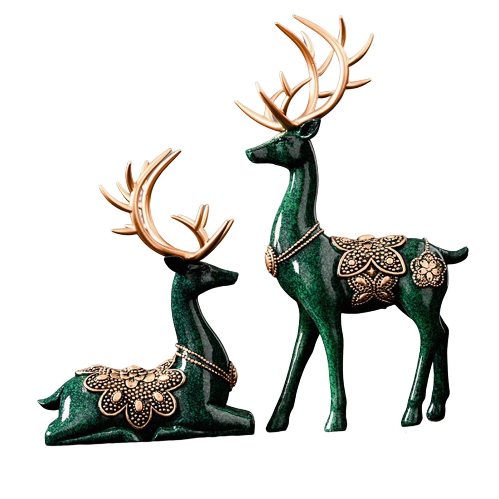 2Pcs Lover Deer Figurines Decors Reindeer Sculptures Xmas Elk Statues Green