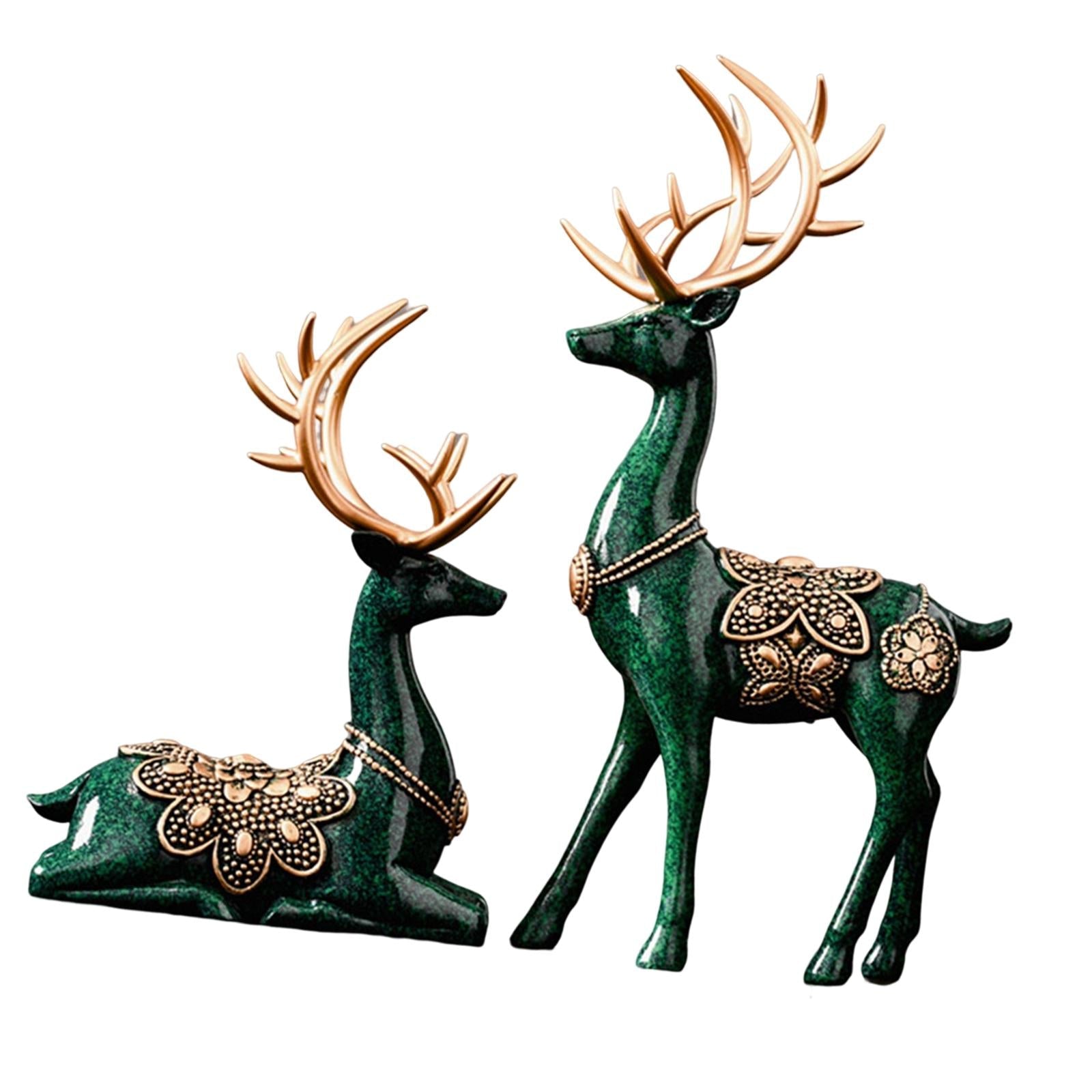 2Pcs Lover Deer Figurines Decors Reindeer Sculptures Xmas Elk Statues Green