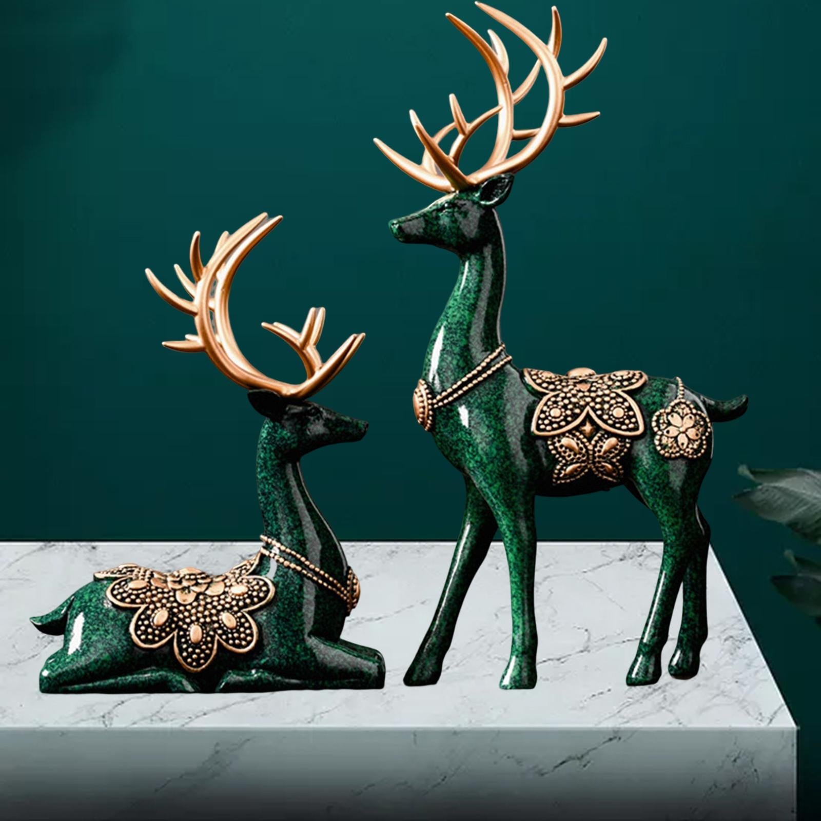 2Pcs Lover Deer Figurines Decors Reindeer Sculptures Xmas Elk Statues Green