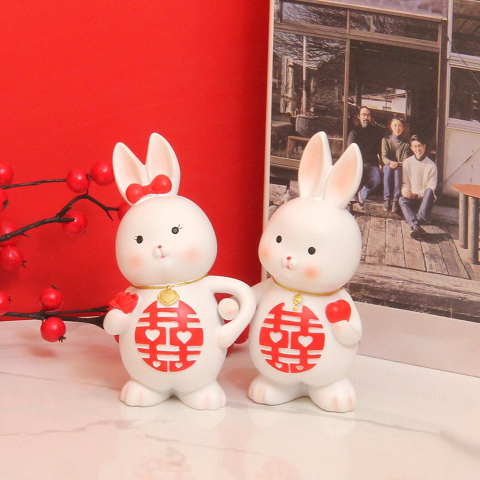 2Pcs Rabbits Statues Resin Decorative Couple Figurines for Christmas Wedding