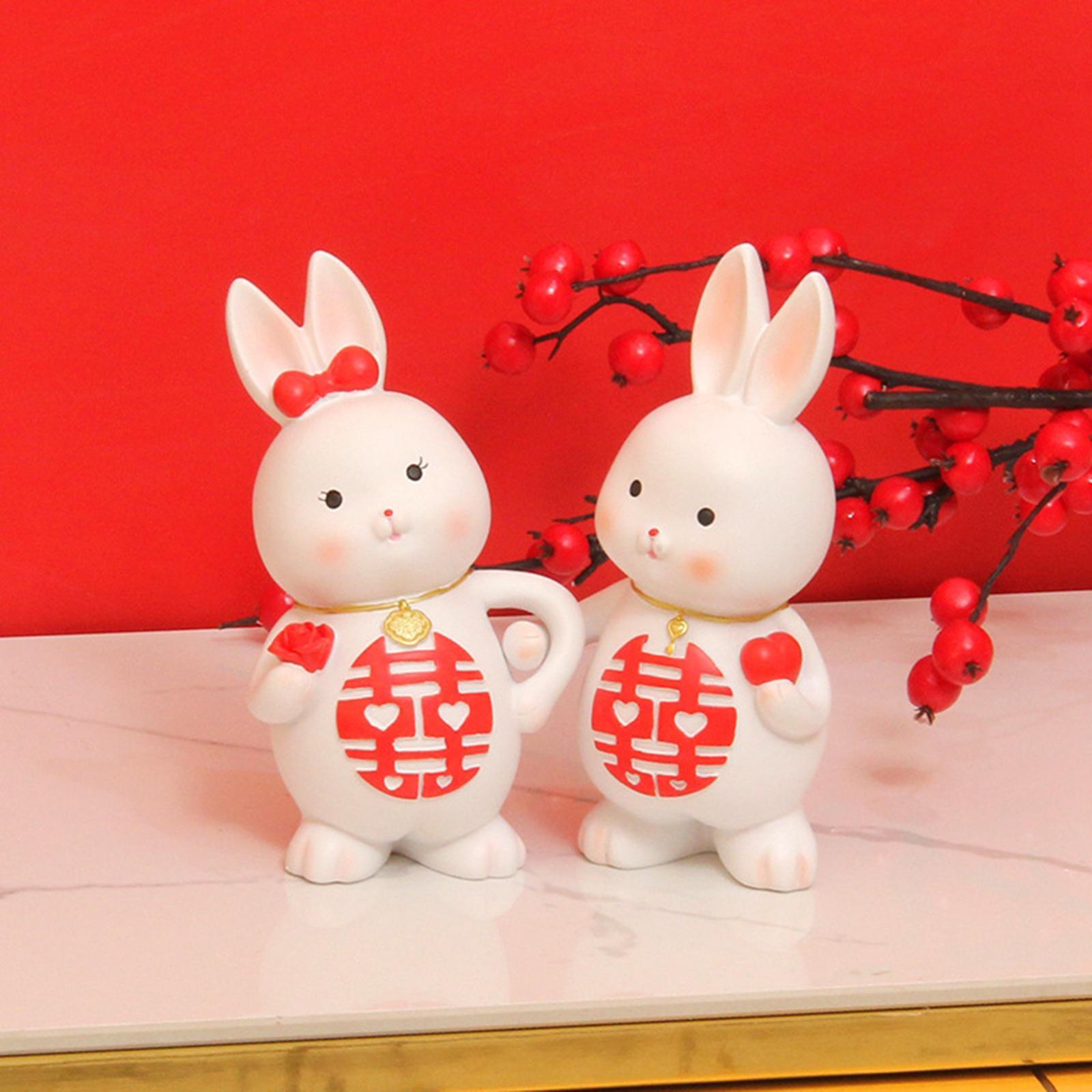 2Pcs Rabbits Statues Resin Decorative Couple Figurines for Christmas Wedding