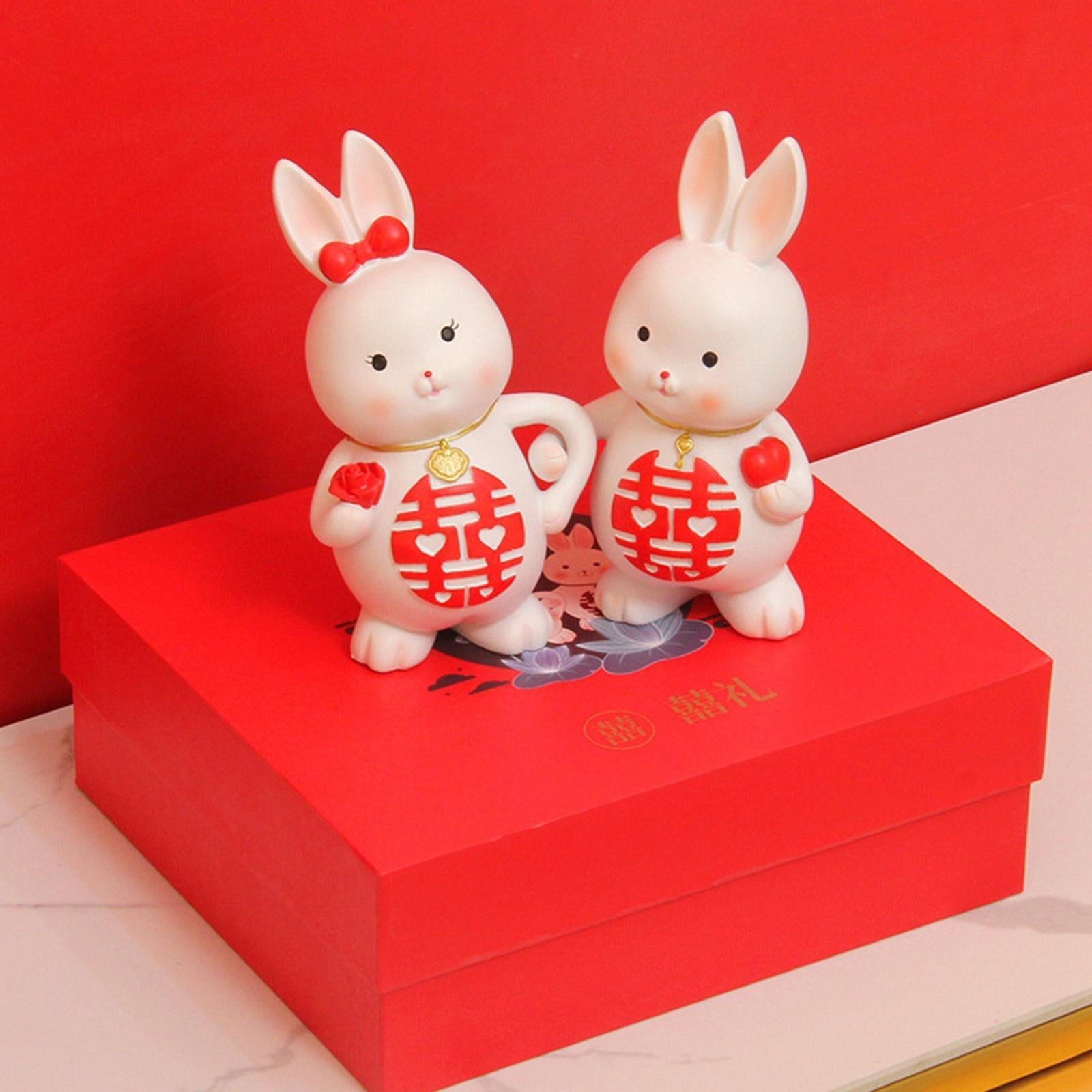 2Pcs Rabbits Statues Resin Decorative Couple Figurines for Christmas Wedding