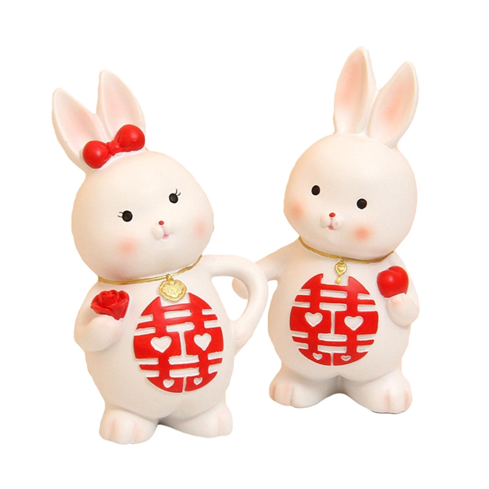 2Pcs Rabbits Statues Resin Decorative Couple Figurines for Christmas Wedding