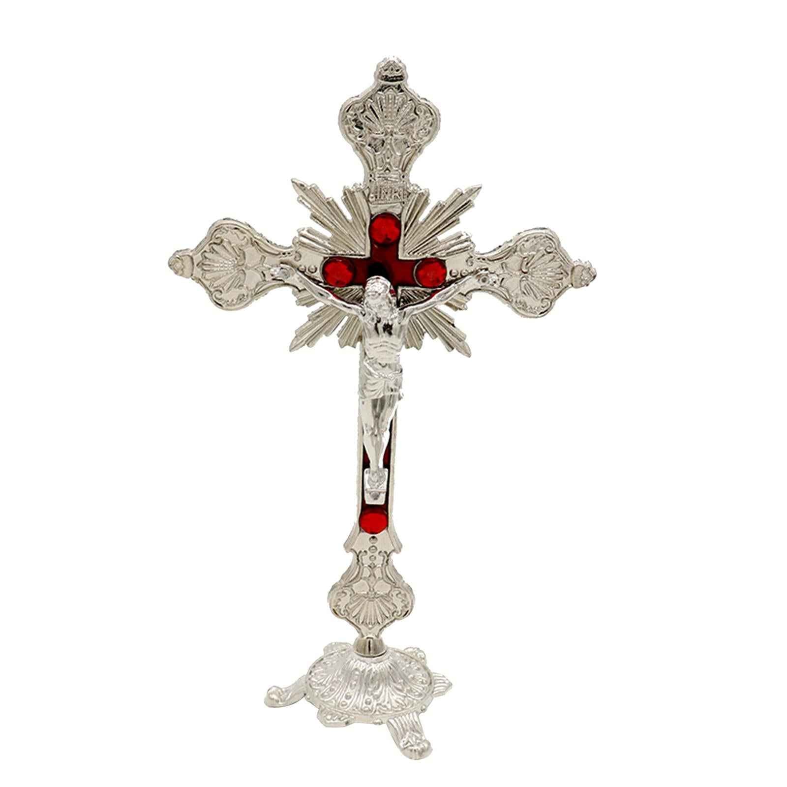 Standing Crucifix 10 Inches Metal Table Cross for Tabletop Chapel Home Decor Silver