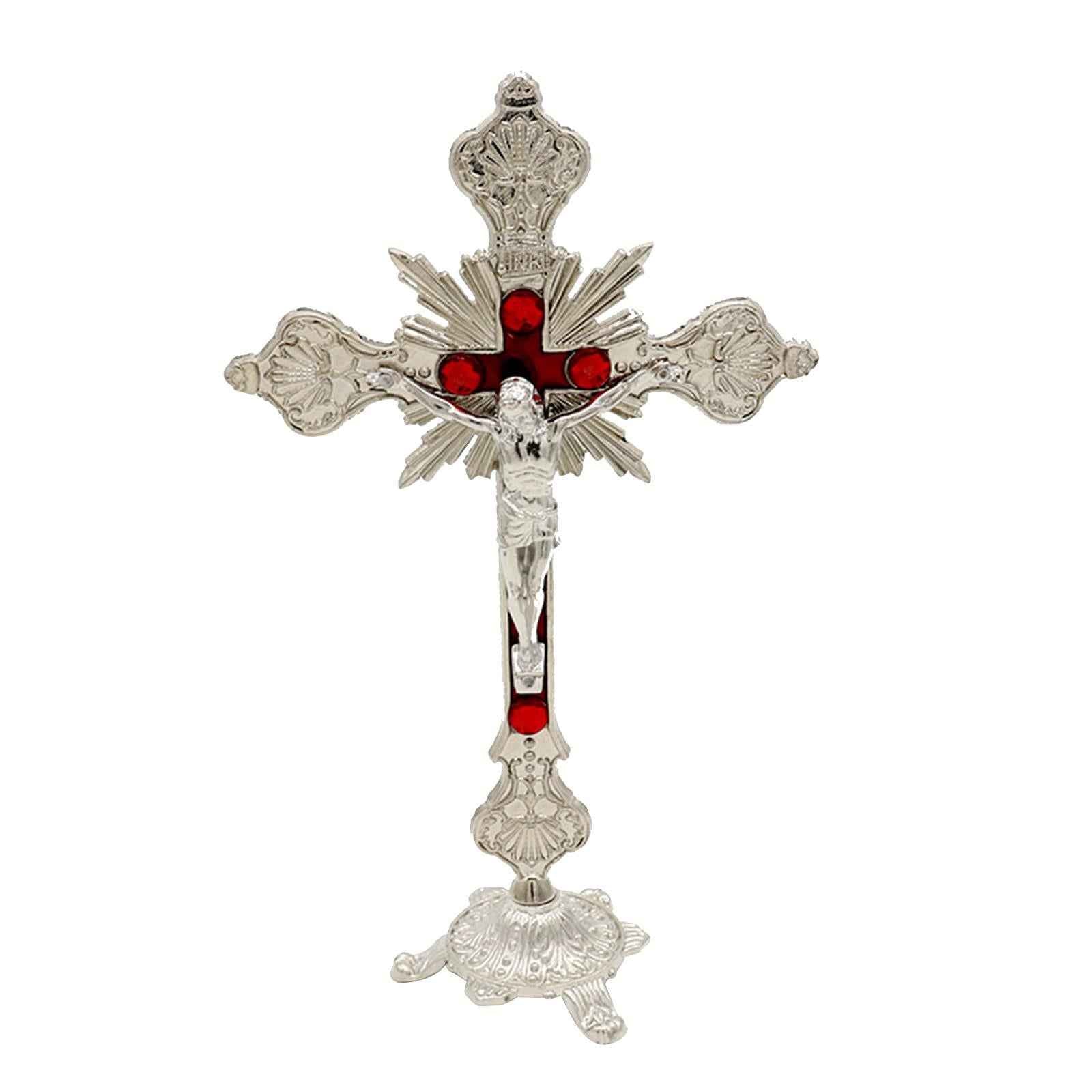 Standing Crucifix 10 Inches Metal Table Cross for Tabletop Chapel Home Decor Silver