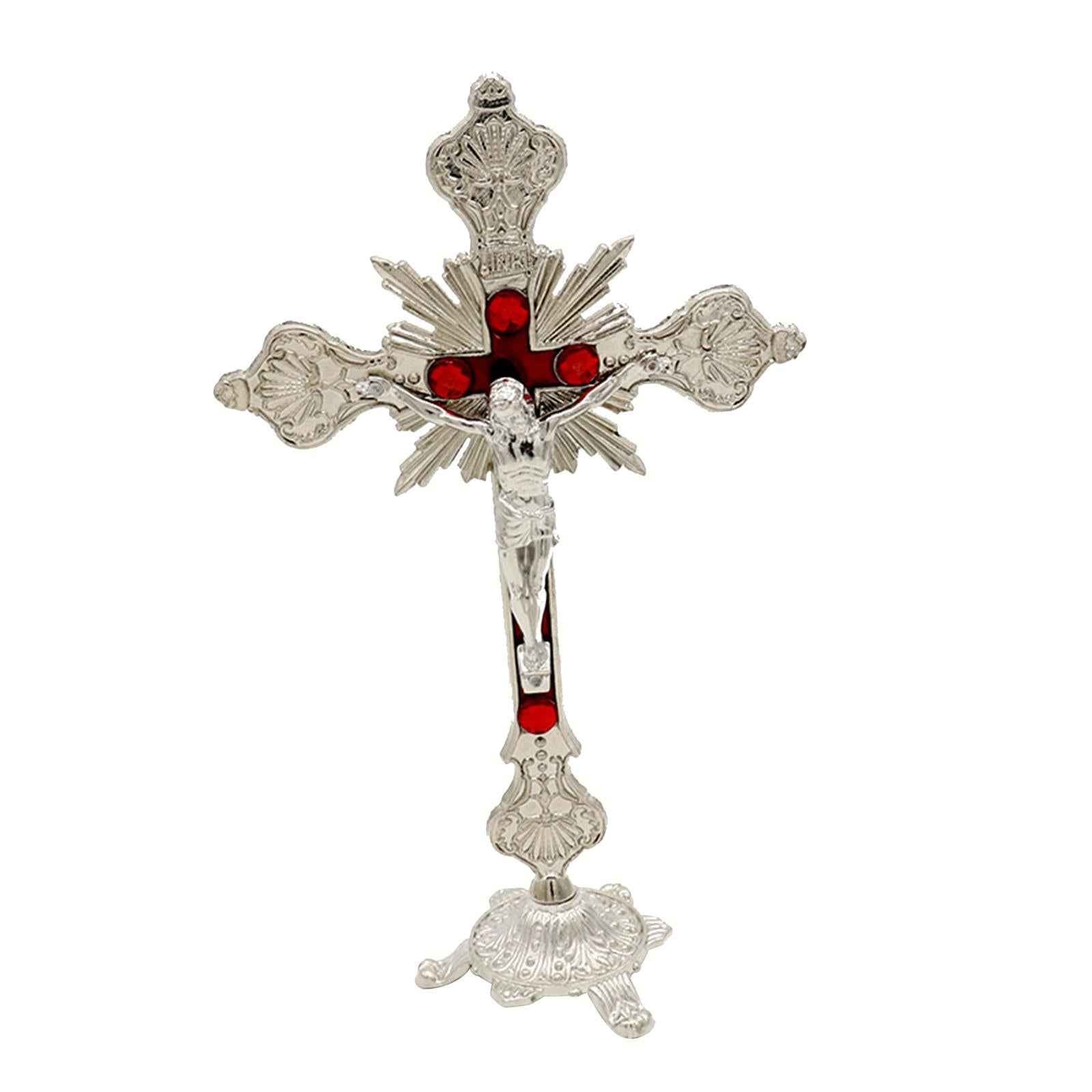 Standing Crucifix 10 Inches Metal Table Cross for Tabletop Chapel Home Decor Silver