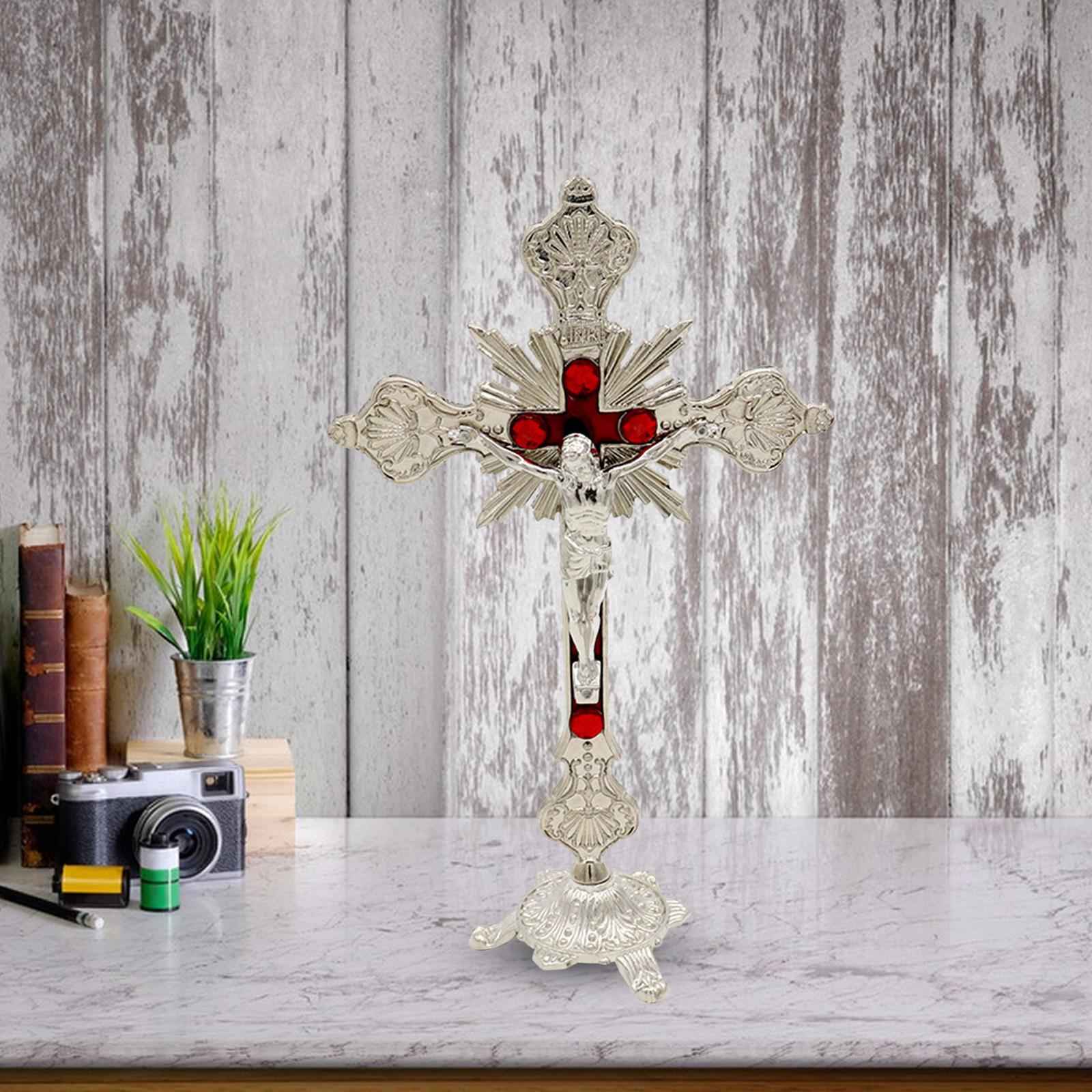 Standing Crucifix 10 Inches Metal Table Cross for Tabletop Chapel Home Decor Silver