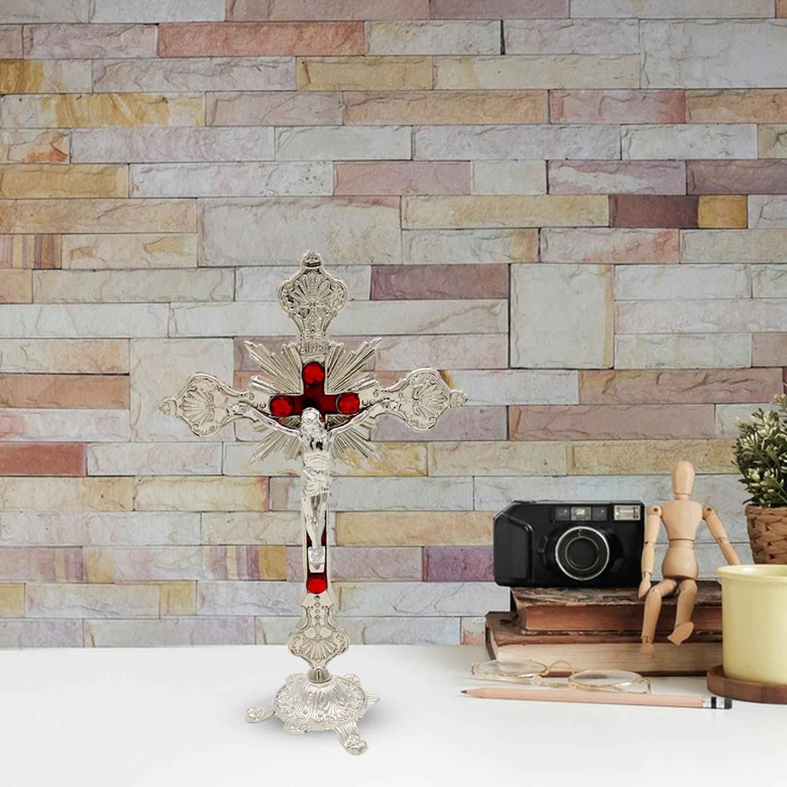 Standing Crucifix 10 Inches Metal Table Cross for Tabletop Chapel Home Decor Silver