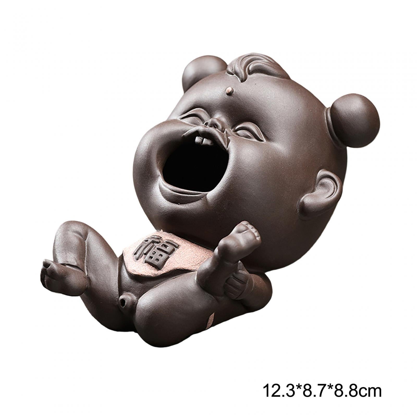 Ceramic Clay Chinese Fu Baby Mini Tea Pet Figurine Souvenir for Fairy Garden Dark Color