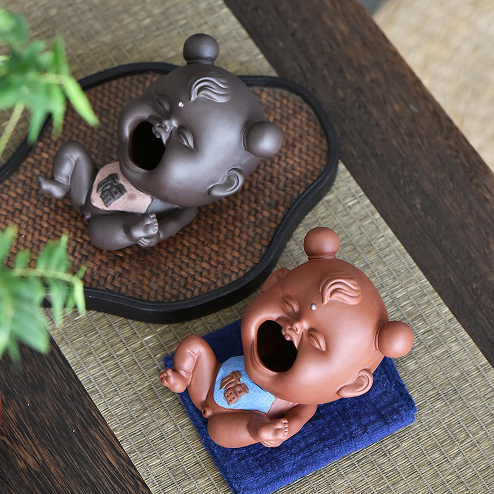Ceramic Clay Chinese Fu Baby Mini Tea Pet Figurine Souvenir for Fairy Garden Dark Color