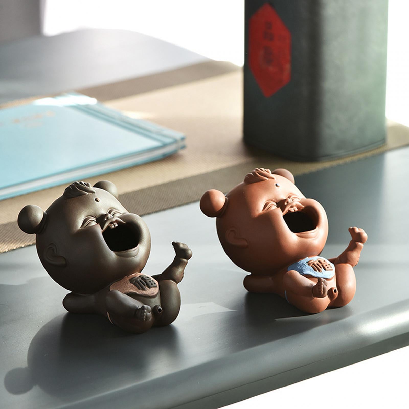 Ceramic Clay Chinese Fu Baby Mini Tea Pet Figurine Souvenir for Fairy Garden Dark Color