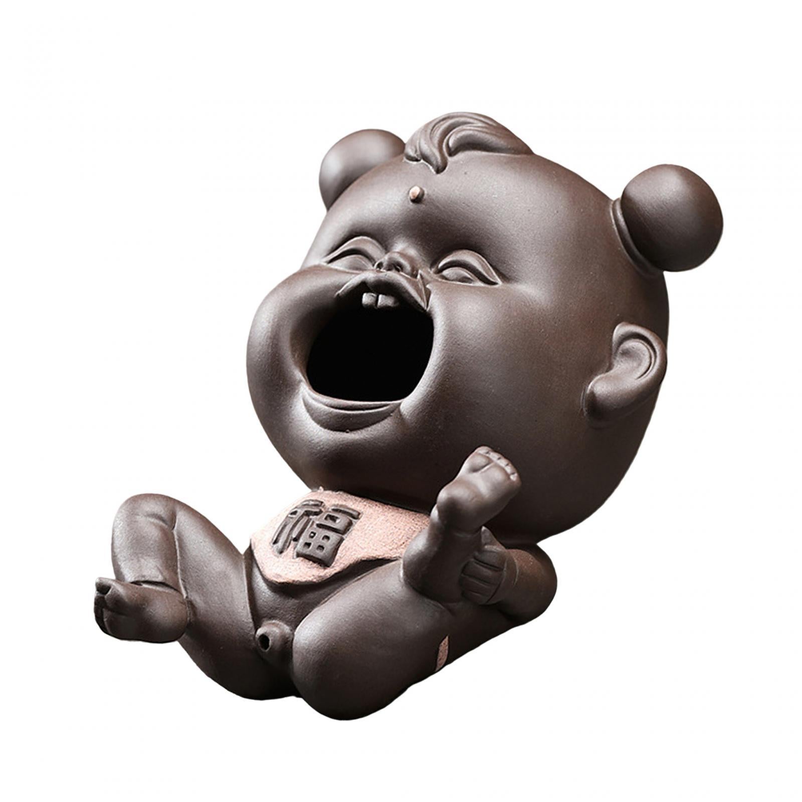 Ceramic Clay Chinese Fu Baby Mini Tea Pet Figurine Souvenir for Fairy Garden Dark Color
