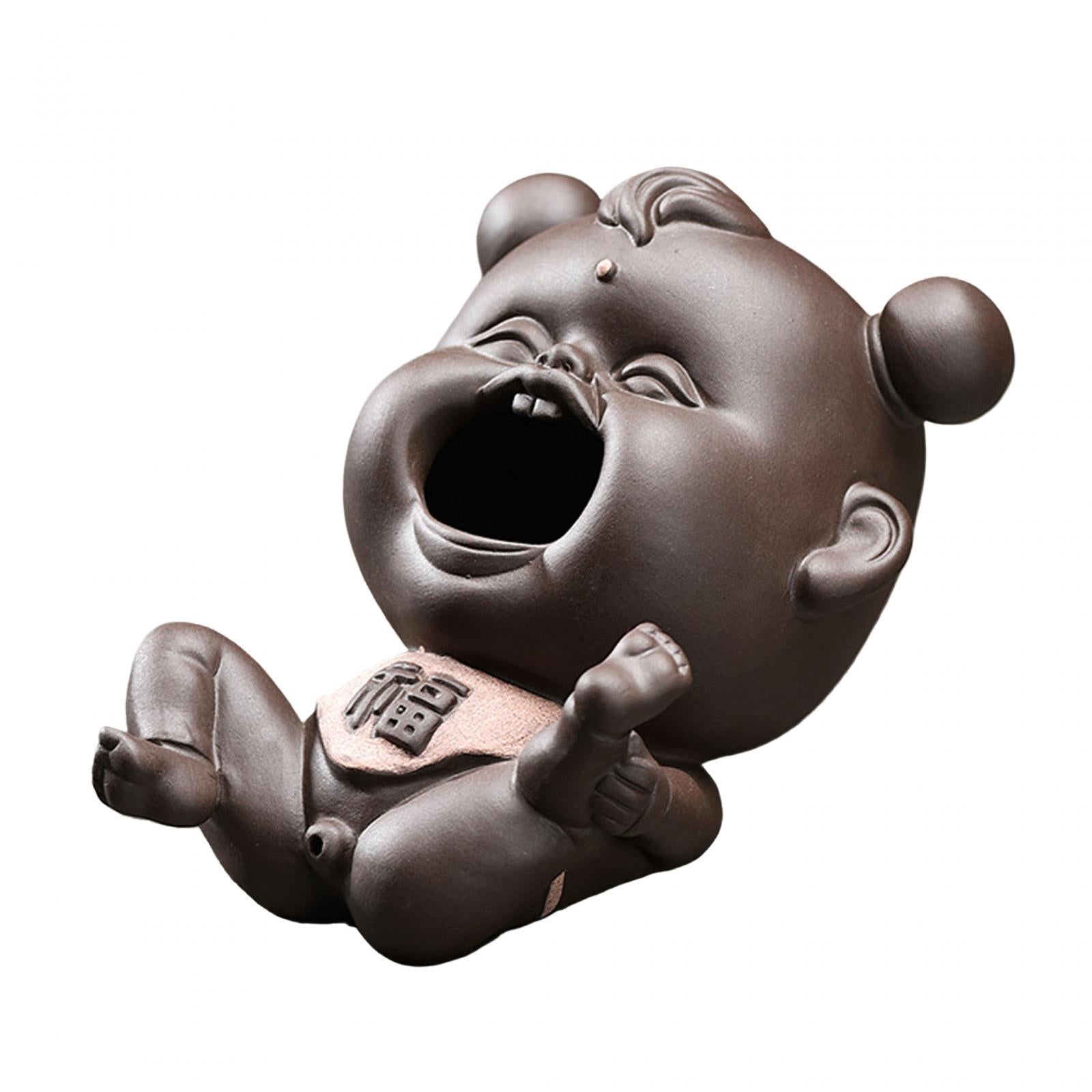 Ceramic Clay Chinese Fu Baby Mini Tea Pet Figurine Souvenir for Fairy Garden Dark Color