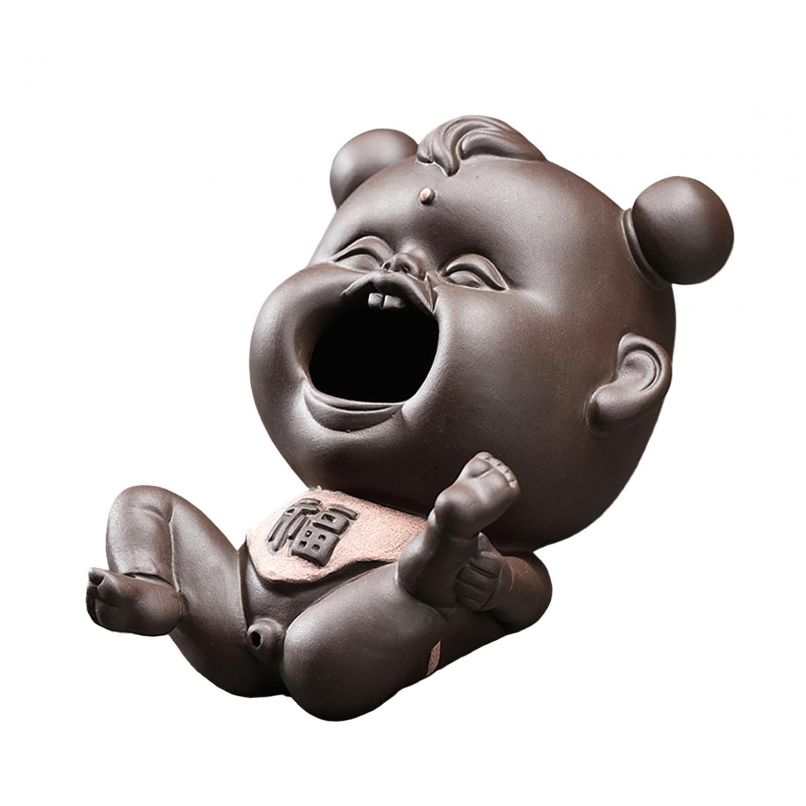 Ceramic Clay Chinese Fu Baby Mini Tea Pet Figurine Souvenir for Fairy Garden Dark Color