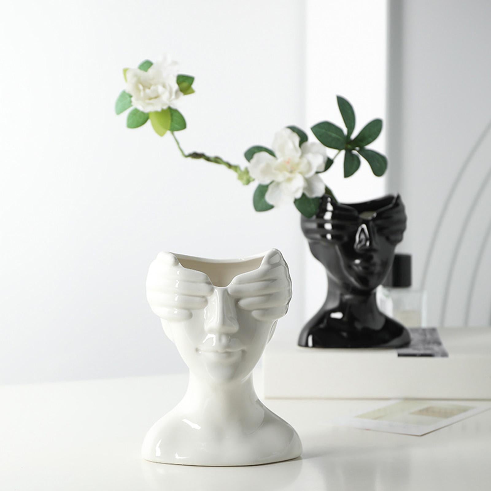 Human Face Flower Vase Head Planter Flower Pot Ceramic Vase for Wedding Home Black