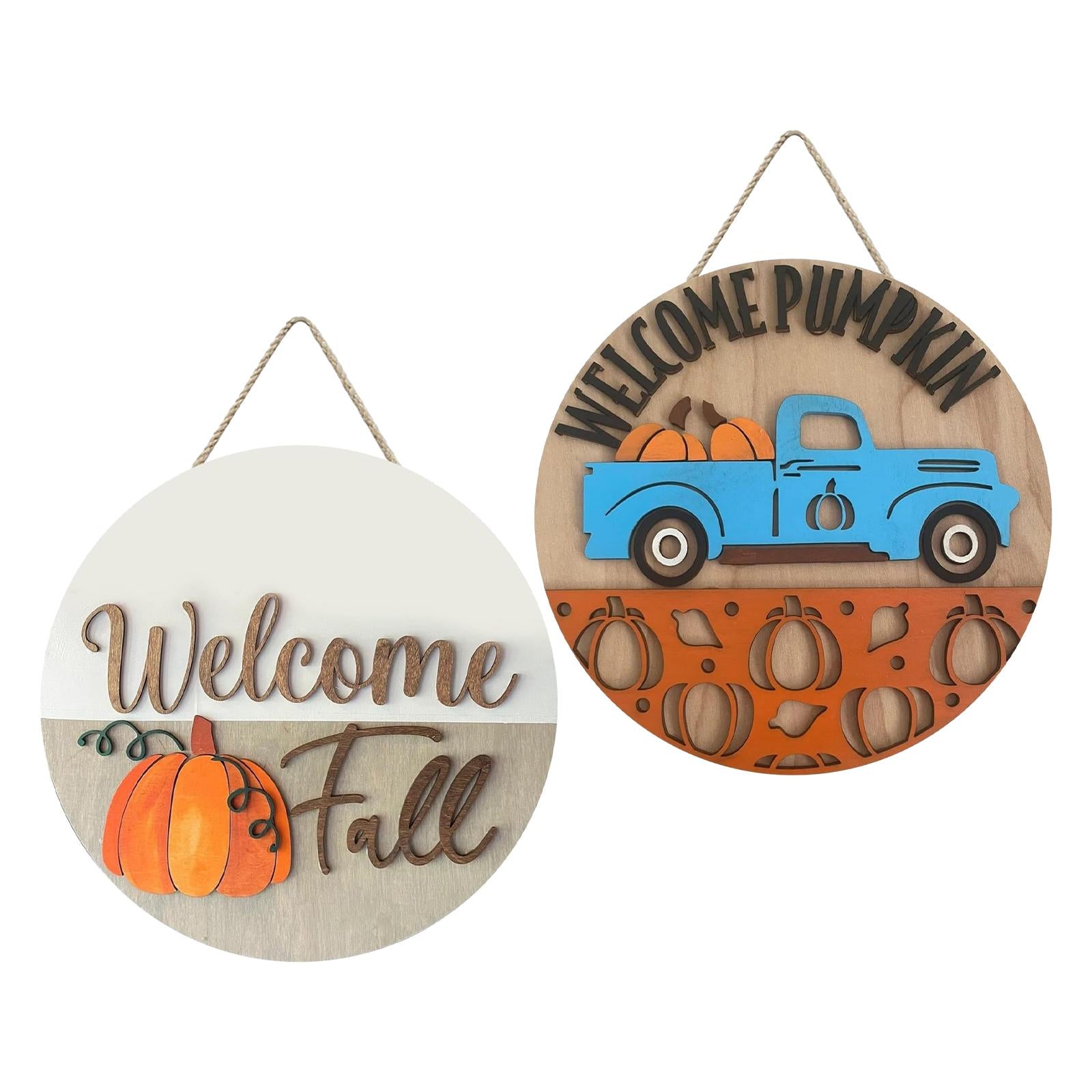 Pumpkin Sign Round Hanging Door Sign for Thanksgiving Day Front Porch Autumn white