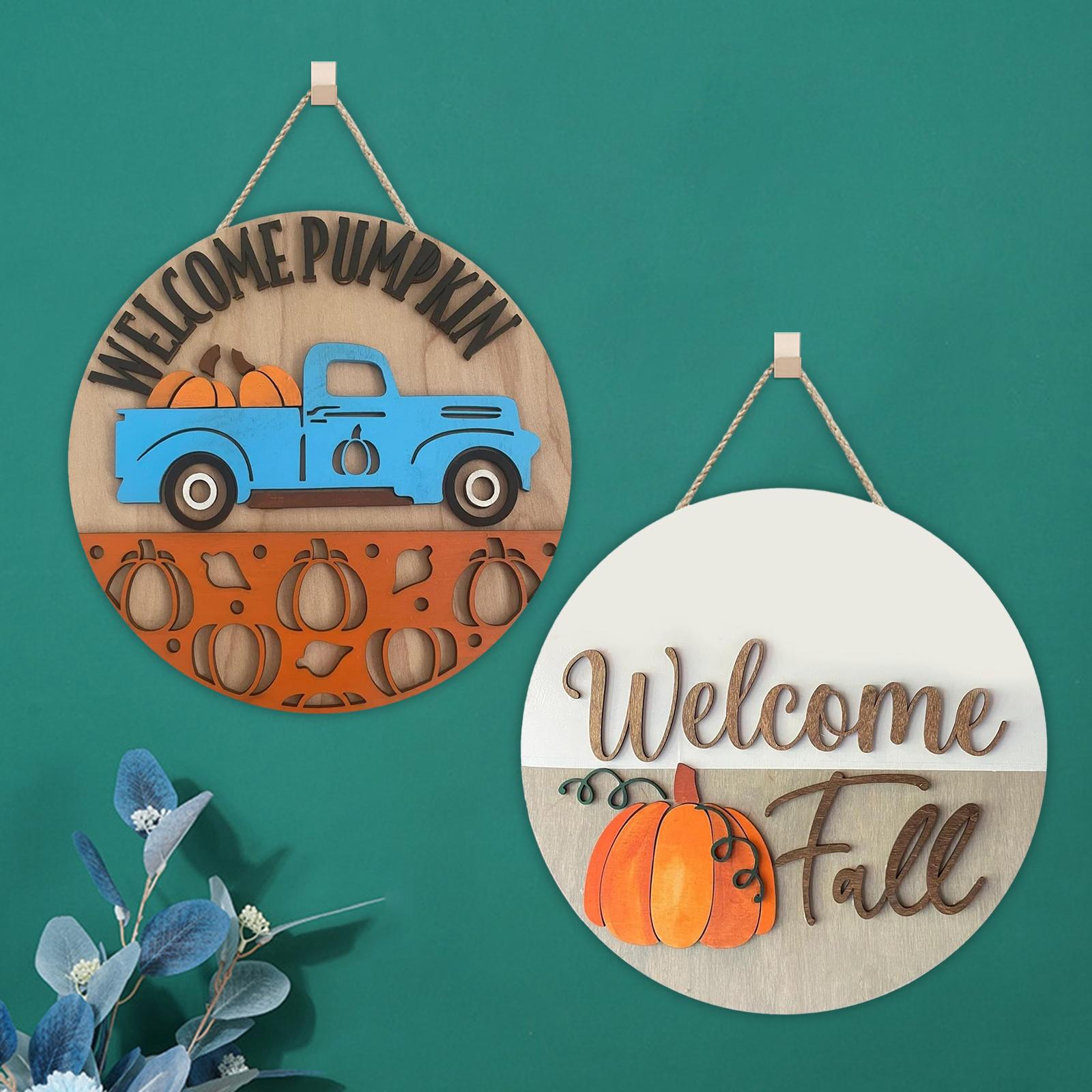 Pumpkin Sign Round Hanging Door Sign for Thanksgiving Day Front Porch Autumn white