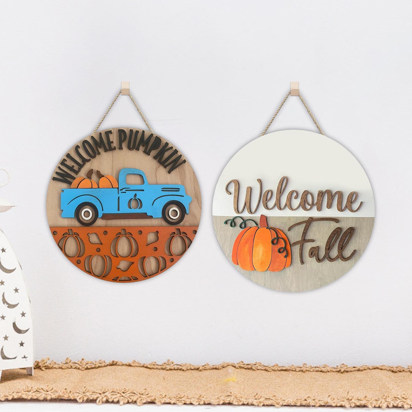 Pumpkin Sign Round Hanging Door Sign for Thanksgiving Day Front Porch Autumn white