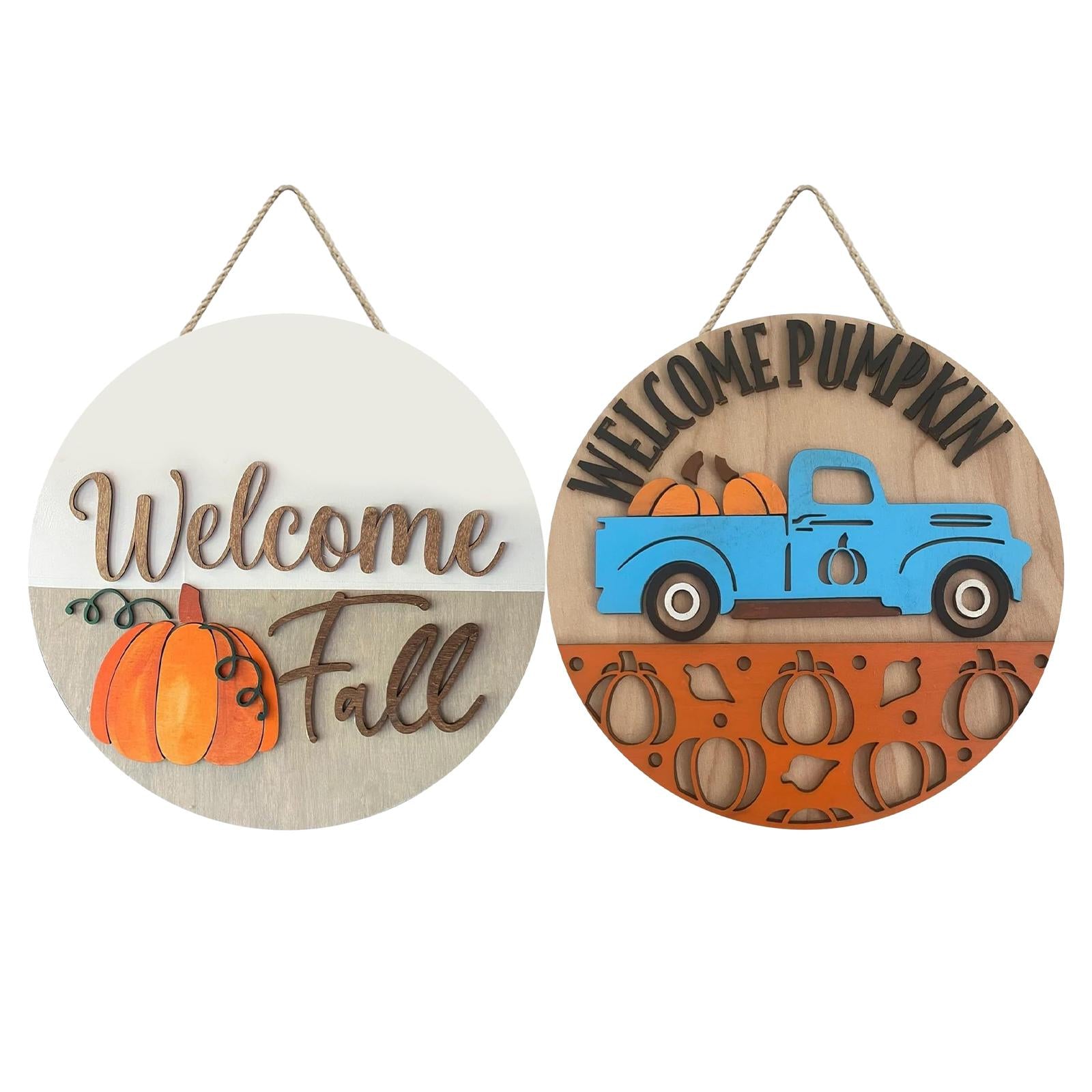 Pumpkin Sign Round Hanging Door Sign for Thanksgiving Day Front Porch Autumn white