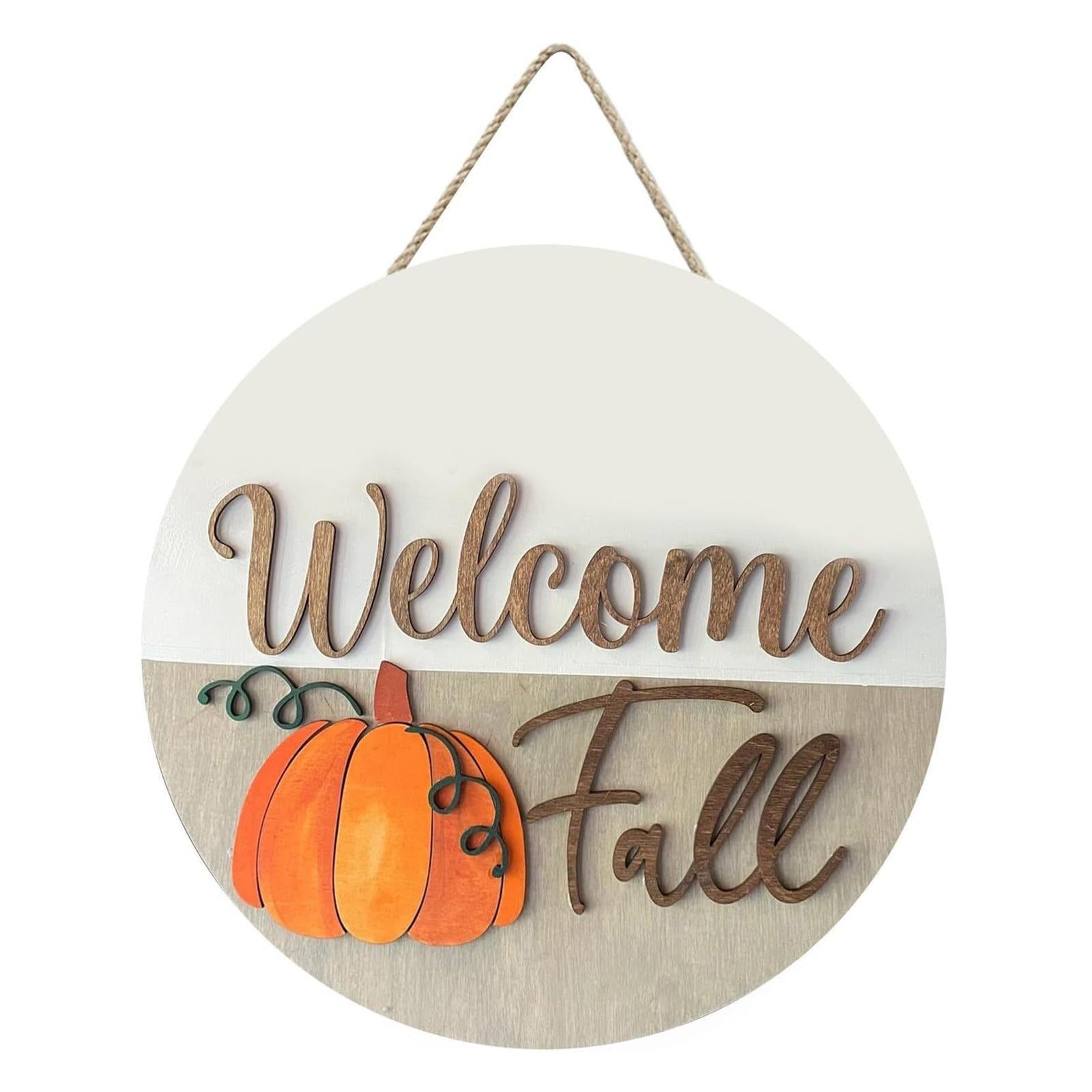 Pumpkin Sign Round Hanging Door Sign for Thanksgiving Day Front Porch Autumn white