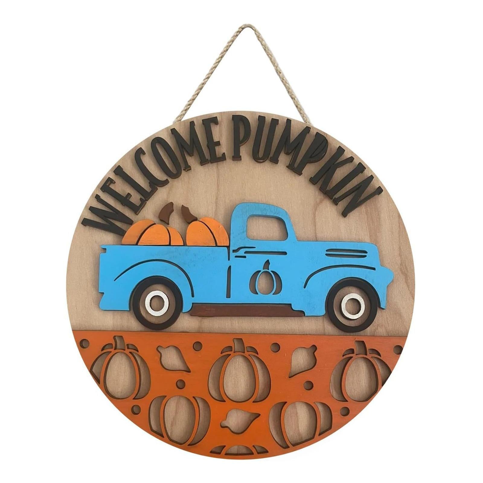 Pumpkin Sign Round Hanging Door Sign for Thanksgiving Day Front Porch Autumn blue