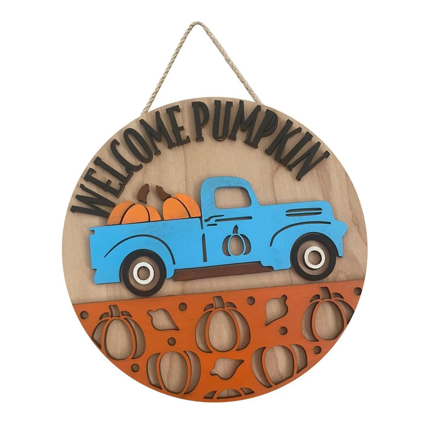 Pumpkin Sign Round Hanging Door Sign for Thanksgiving Day Front Porch Autumn blue
