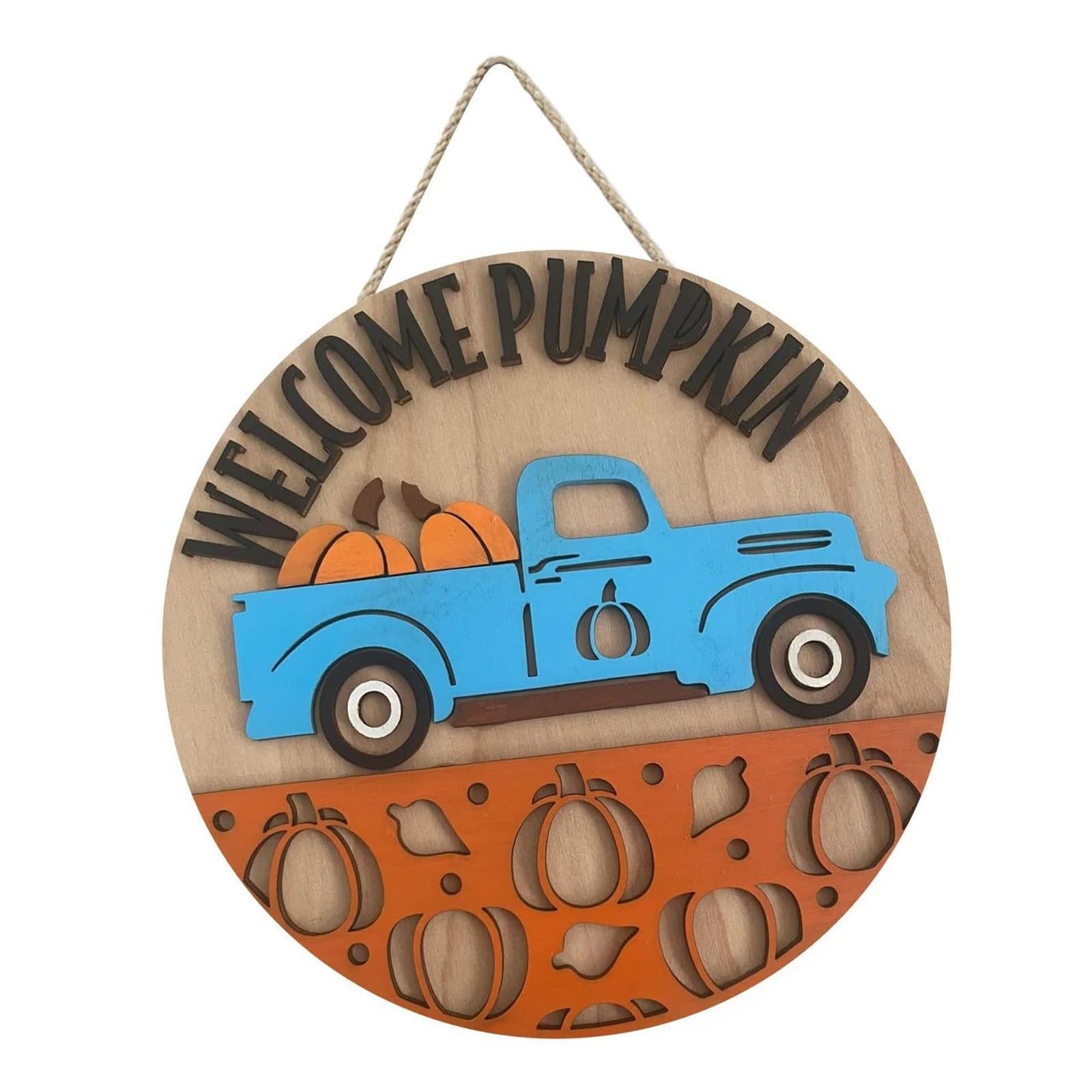 Pumpkin Sign Round Hanging Door Sign for Thanksgiving Day Front Porch Autumn blue