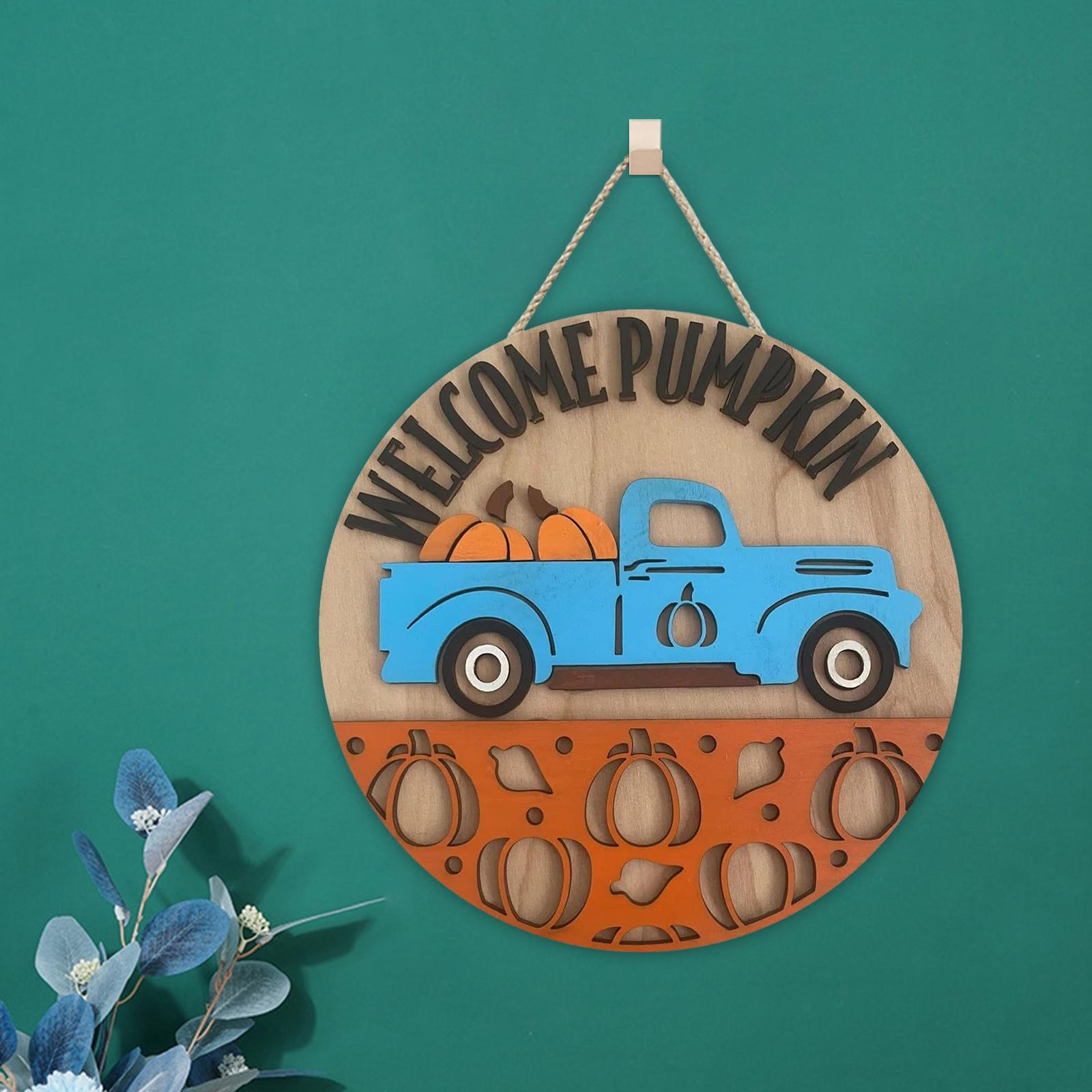 Pumpkin Sign Round Hanging Door Sign for Thanksgiving Day Front Porch Autumn blue