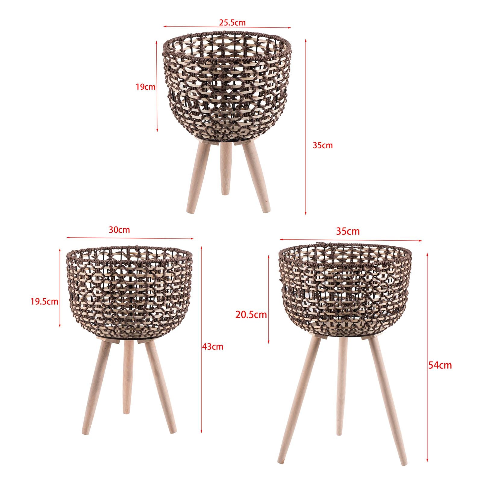 3 Pieces Woven Plant Pot Stand with Wooden Legs Convenient Assemble Handmade