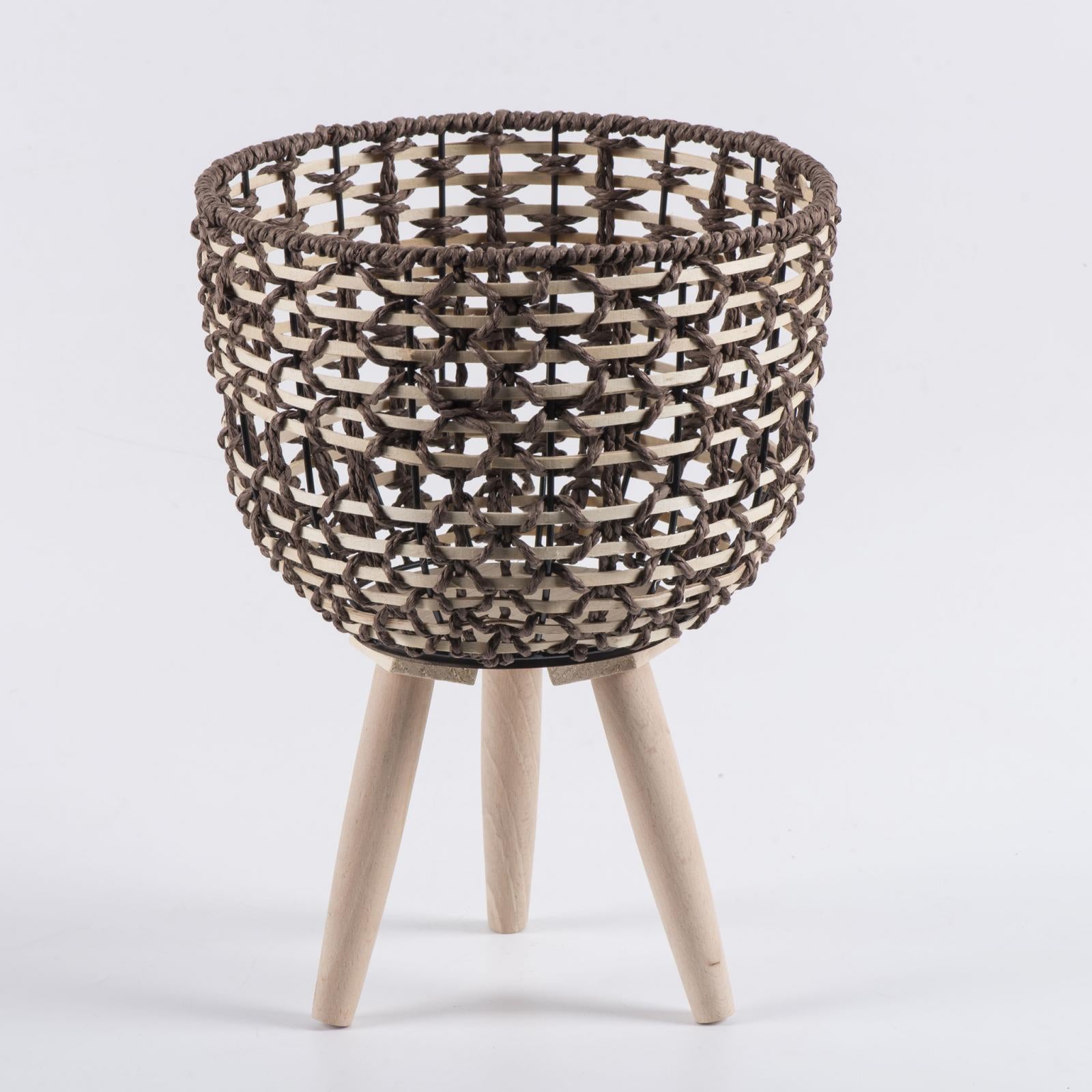 3 Pieces Woven Plant Pot Stand with Wooden Legs Convenient Assemble Handmade