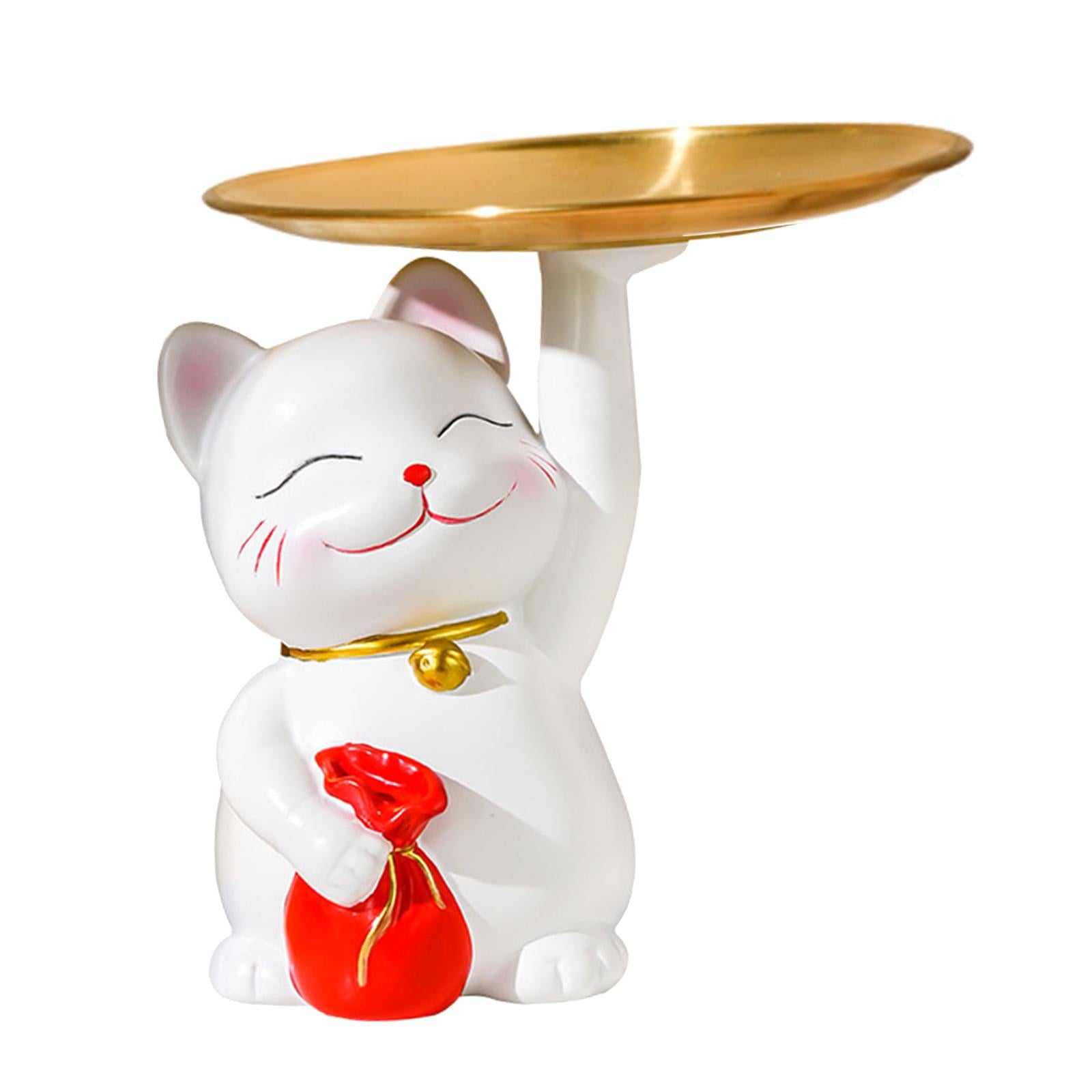 Lucky Cat Sculpture Serving Tray Birthday Gift Table Bar Desk Storage Statue