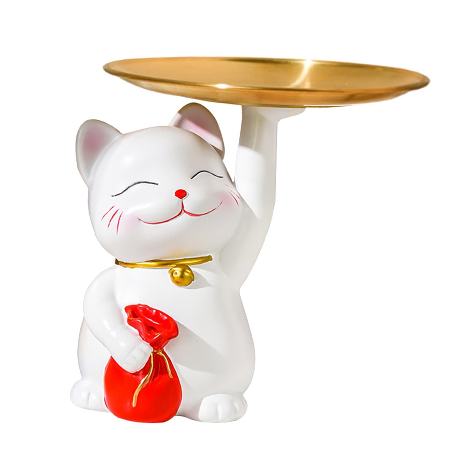 Lucky Cat Sculpture Serving Tray Birthday Gift Table Bar Desk Storage Statue
