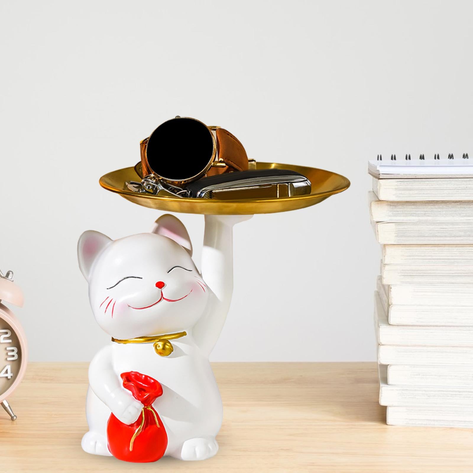 Lucky Cat Sculpture Serving Tray Birthday Gift Table Bar Desk Storage Statue