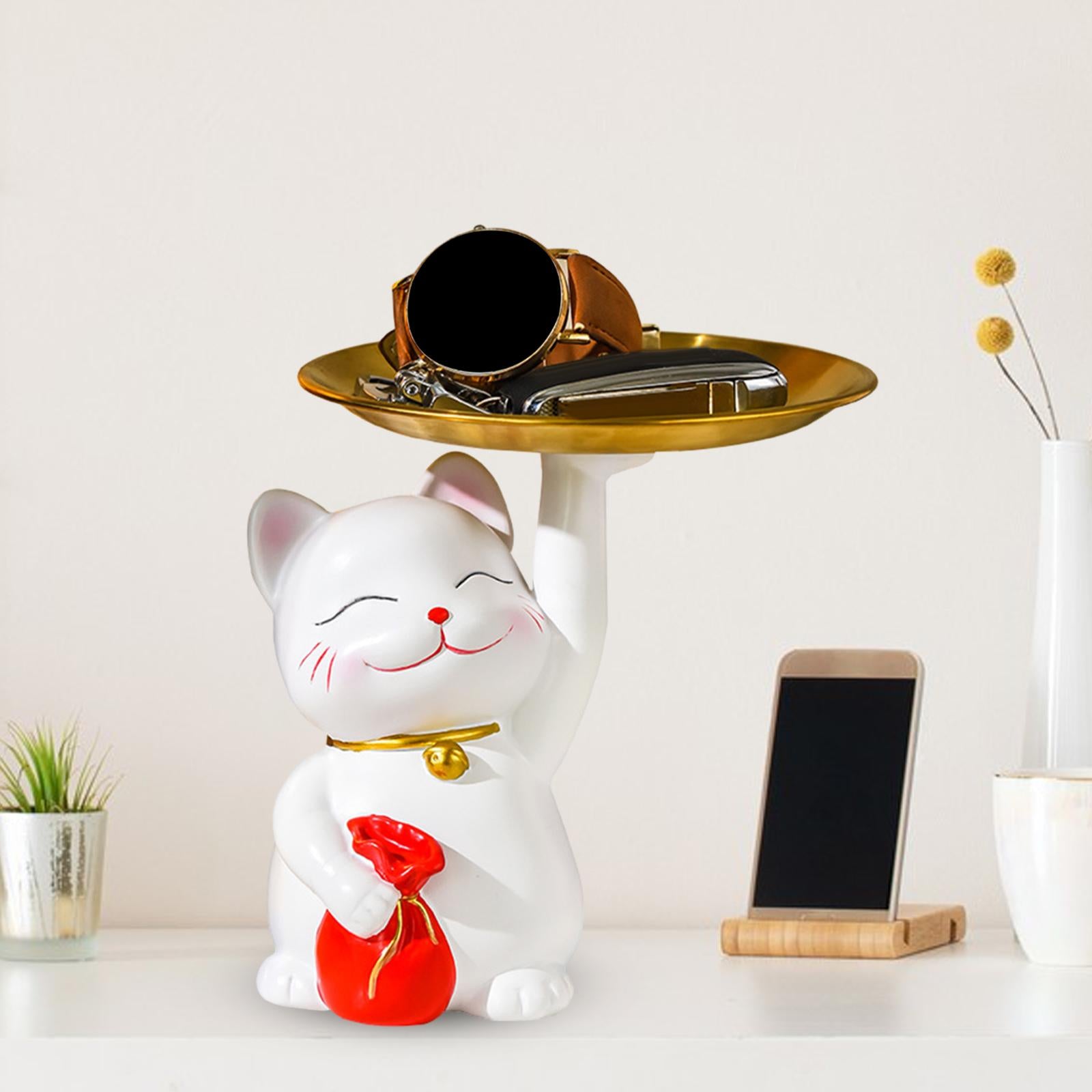 Lucky Cat Sculpture Serving Tray Birthday Gift Table Bar Desk Storage Statue