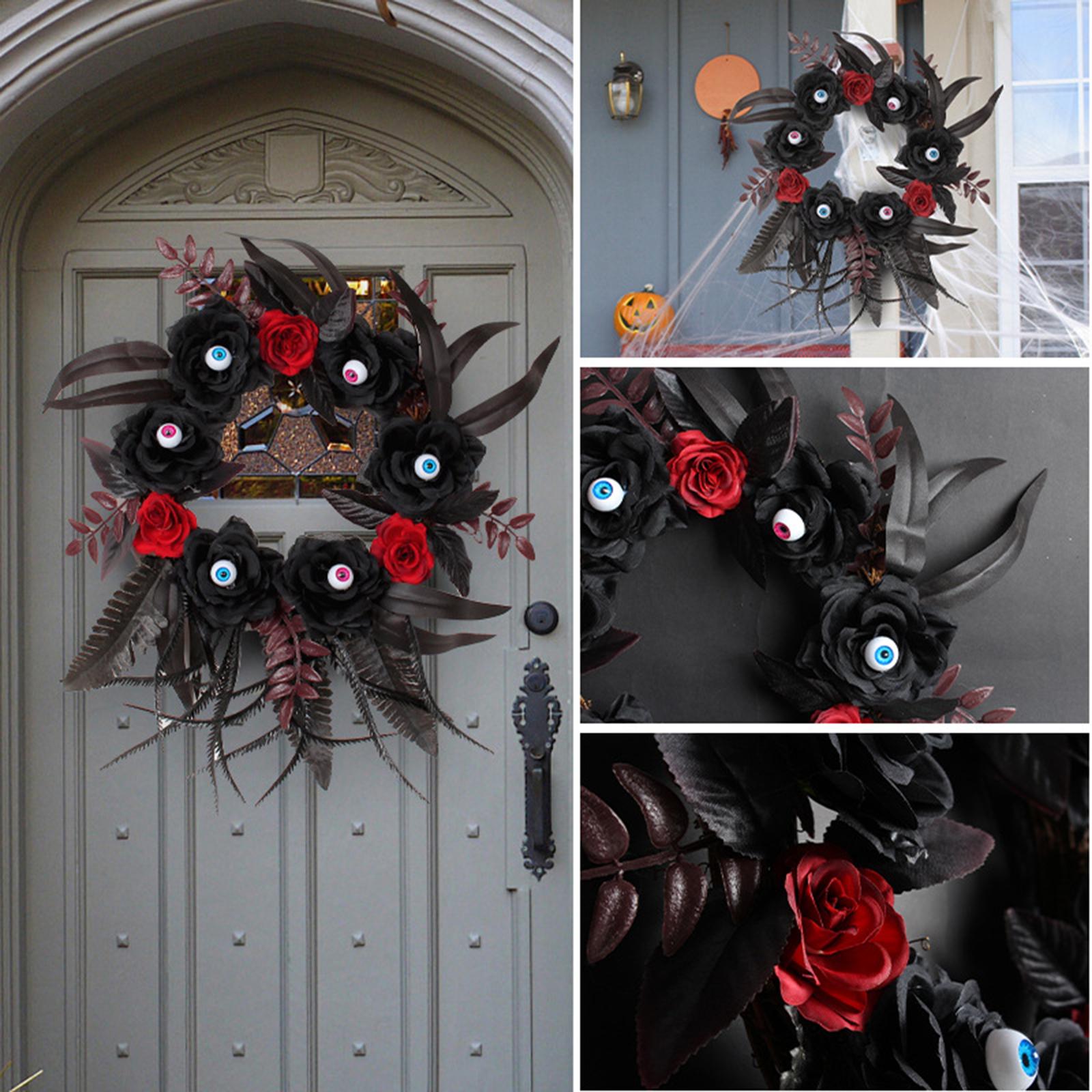 Halloween Artificial Eyeball Black Rose Hanging Wreath Ornament for Entryway