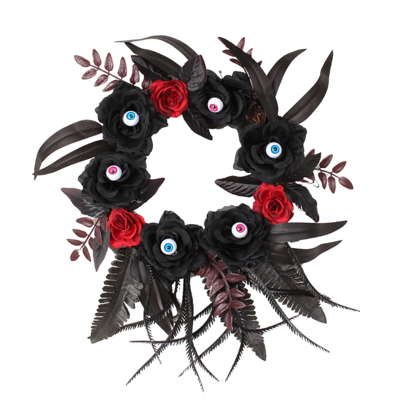 Halloween Artificial Eyeball Black Rose Hanging Wreath Ornament for Entryway