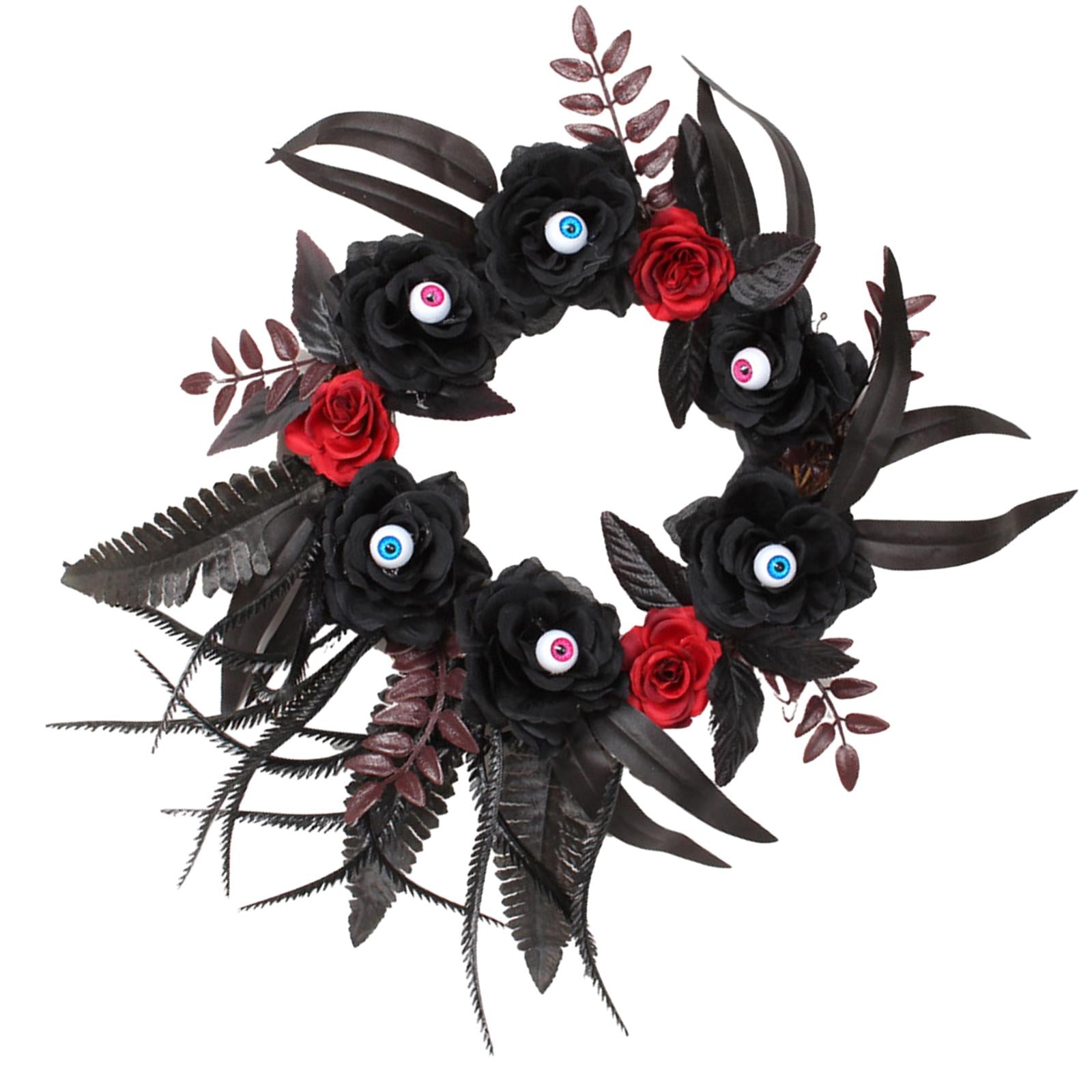 Halloween Artificial Eyeball Black Rose Hanging Wreath Ornament for Entryway