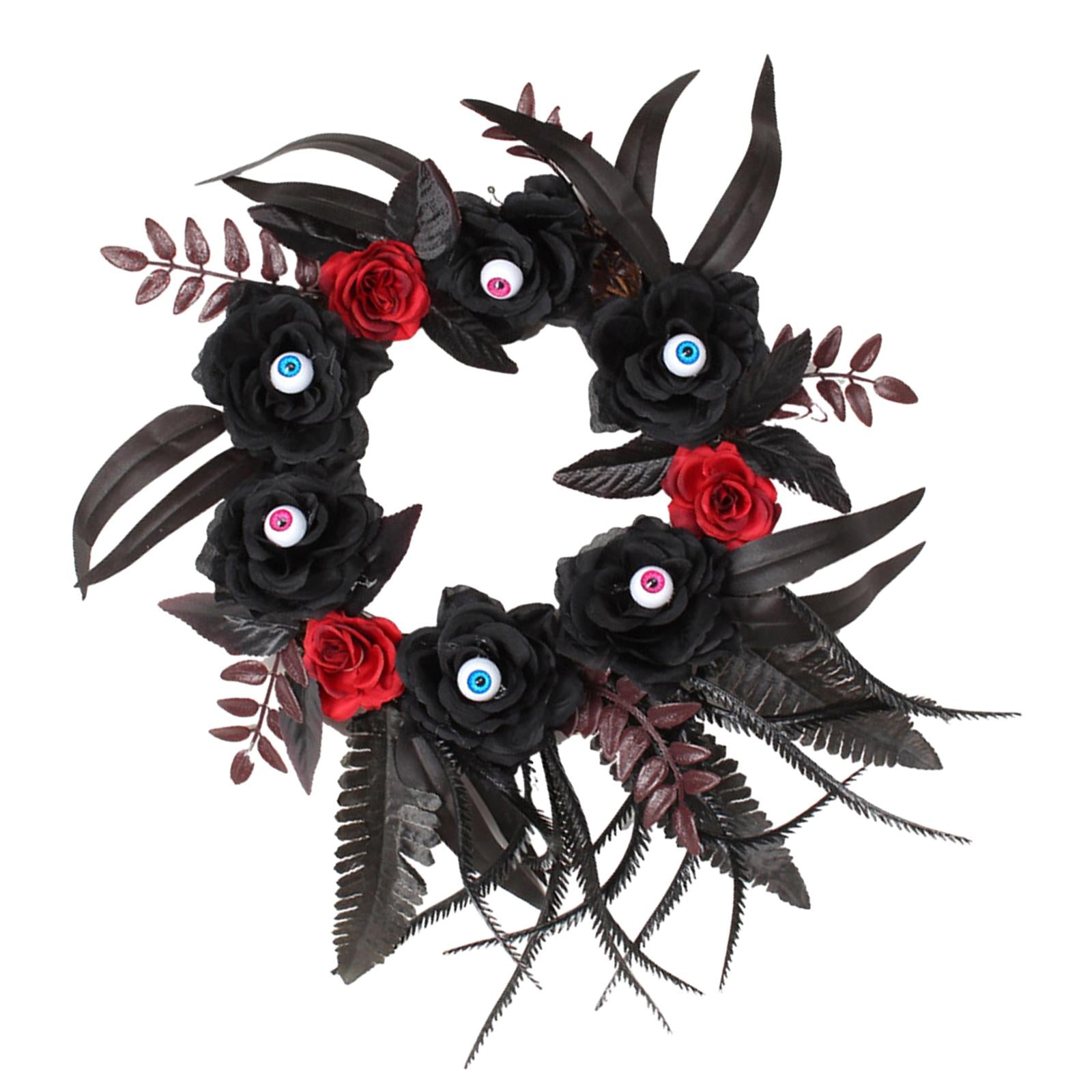 Halloween Artificial Eyeball Black Rose Hanging Wreath Ornament for Entryway
