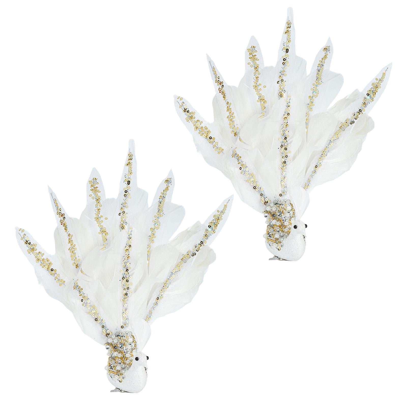 Peacock Clip with Large Feather Tail Pendant for Party Masquerade Mardi Gras White 24cmx28cm