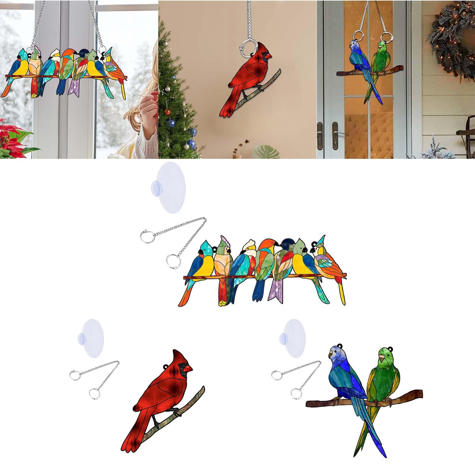 Acrylic Bird on Branch Window Hanging Ornament Artwork for Patio Home Office Five Birds