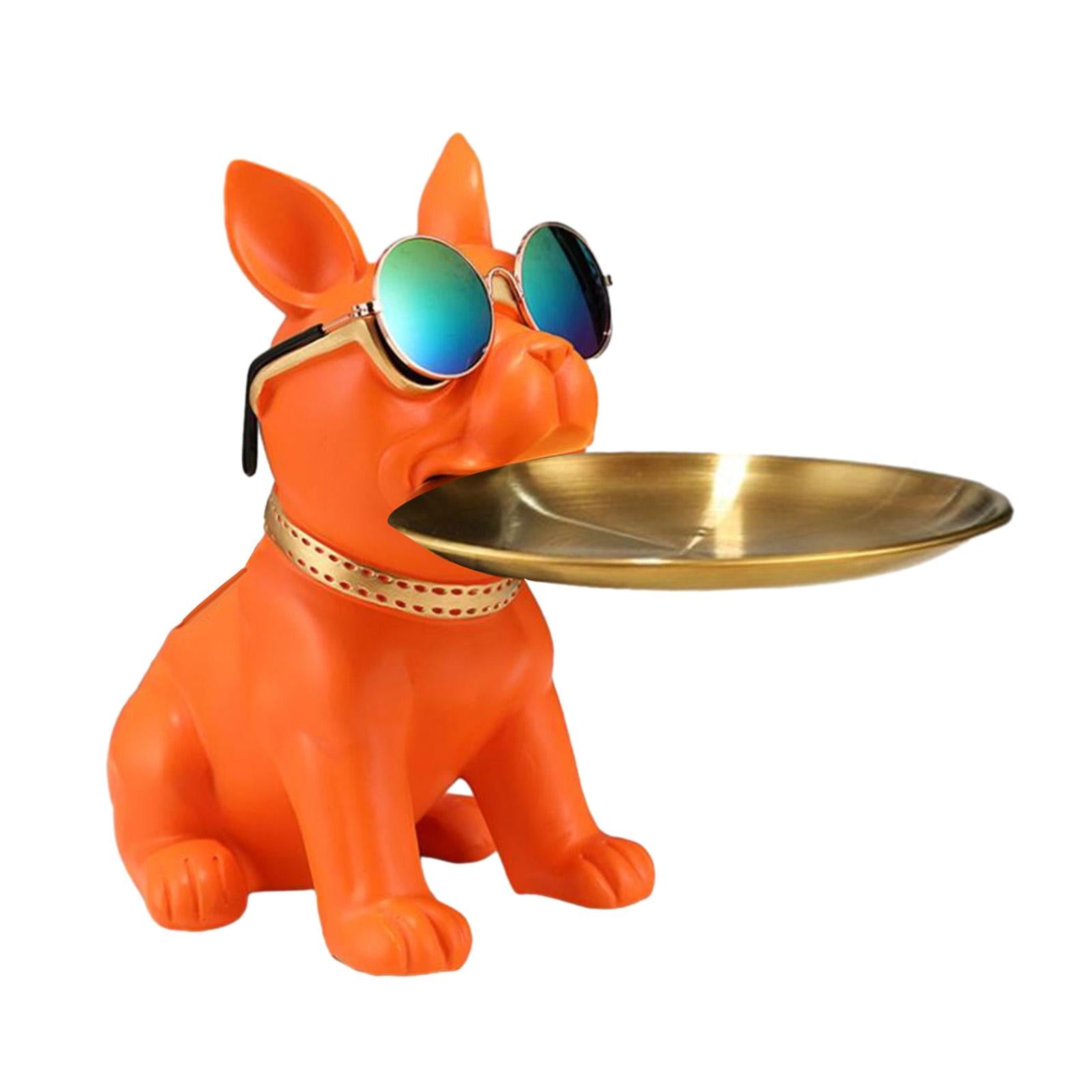 Bulldog Statue Cute Resin Desk Storage Tray for Office Living Room Bookshelf Orange