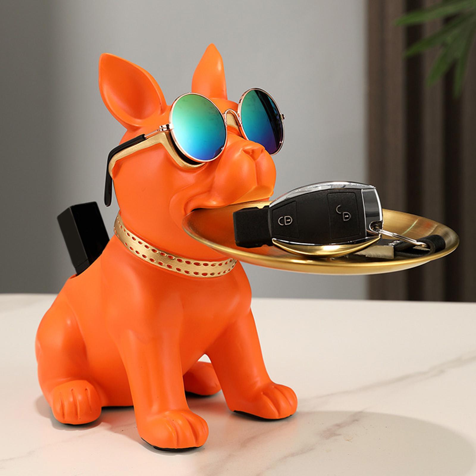 Bulldog Statue Cute Resin Desk Storage Tray for Office Living Room Bookshelf Orange