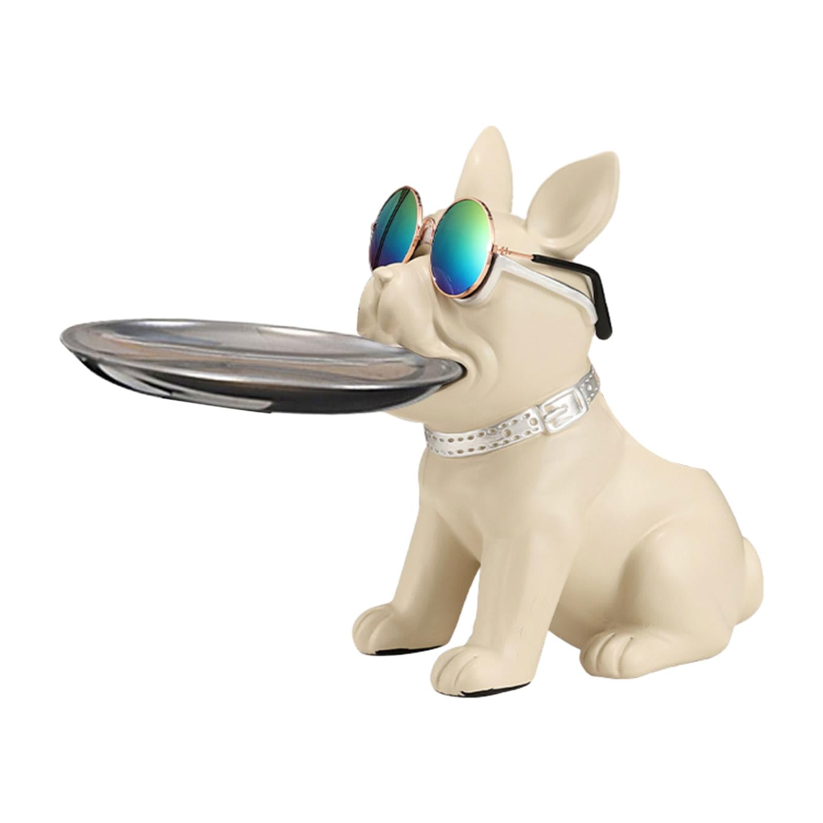 Bulldog Statue Cute Resin Desk Storage Tray for Office Living Room Bookshelf White