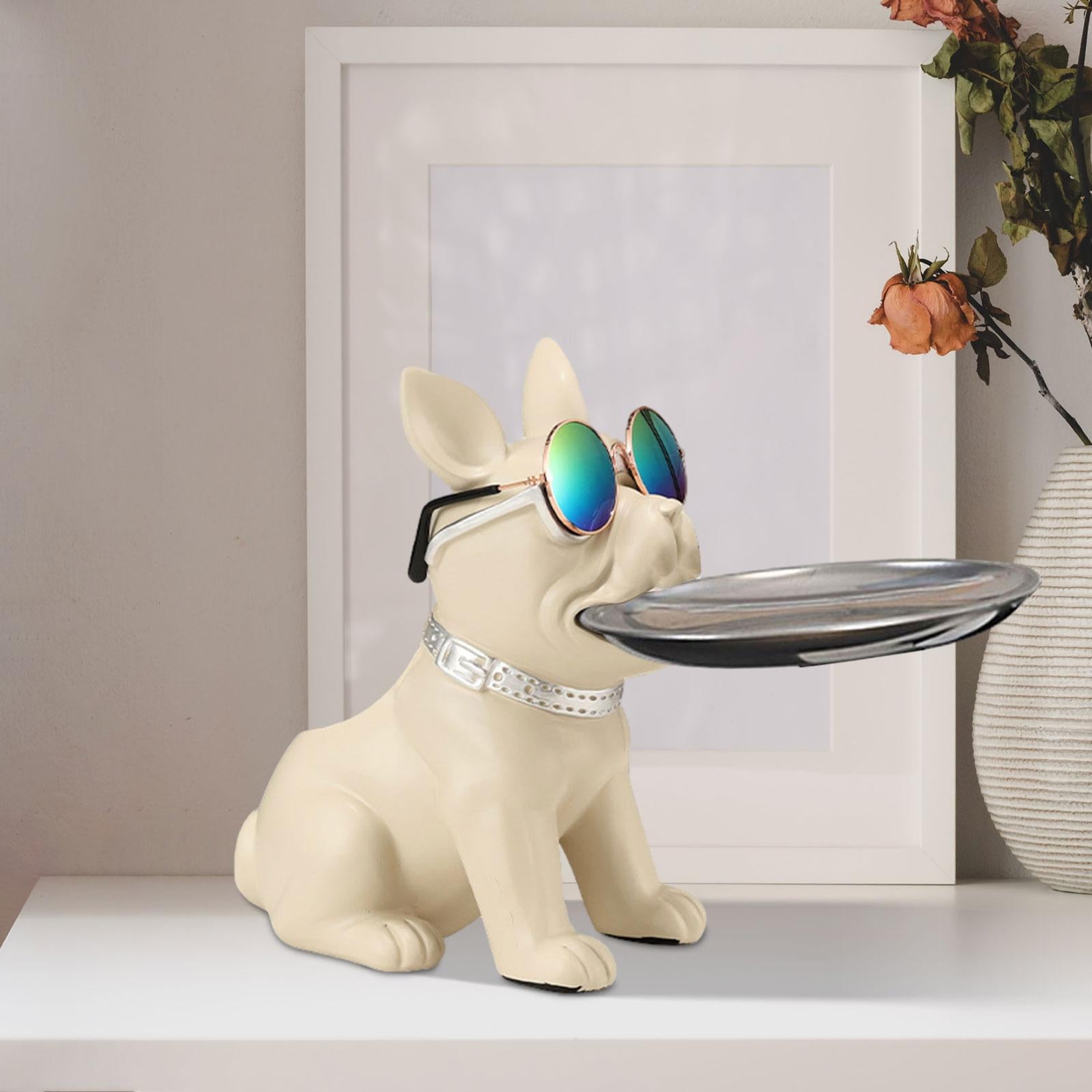 Bulldog Statue Cute Resin Desk Storage Tray for Office Living Room Bookshelf White