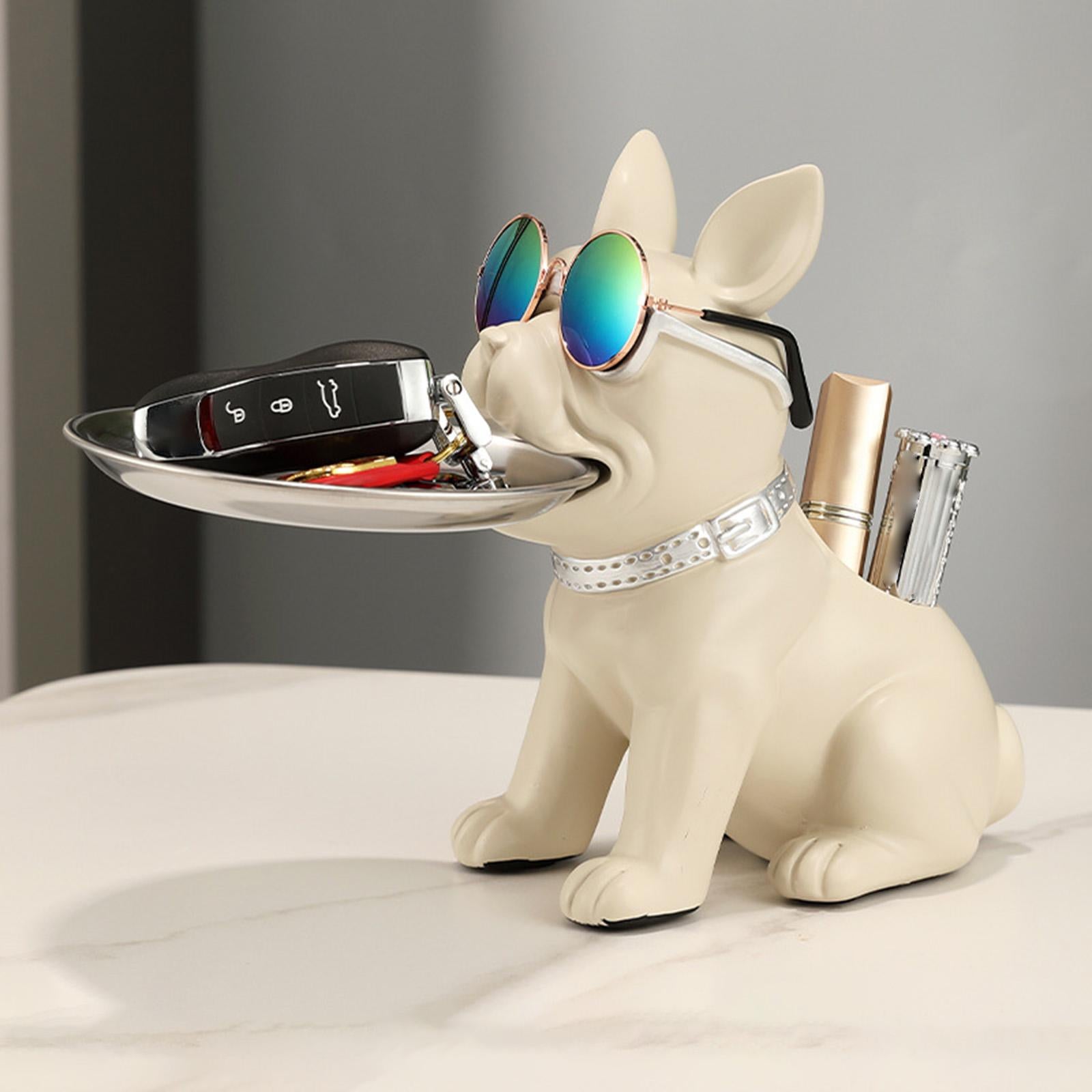 Bulldog Statue Cute Resin Desk Storage Tray for Office Living Room Bookshelf White