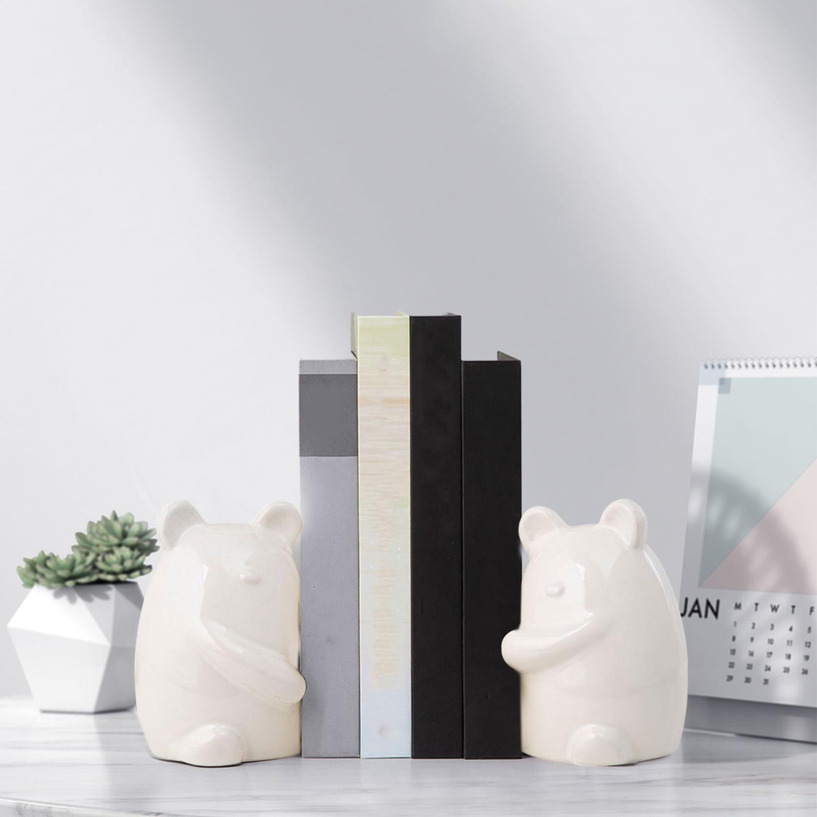 Set of 2 Ceramic Bears Book Ends Stands Bookends 4x3x5.5inch for Cafe Office White