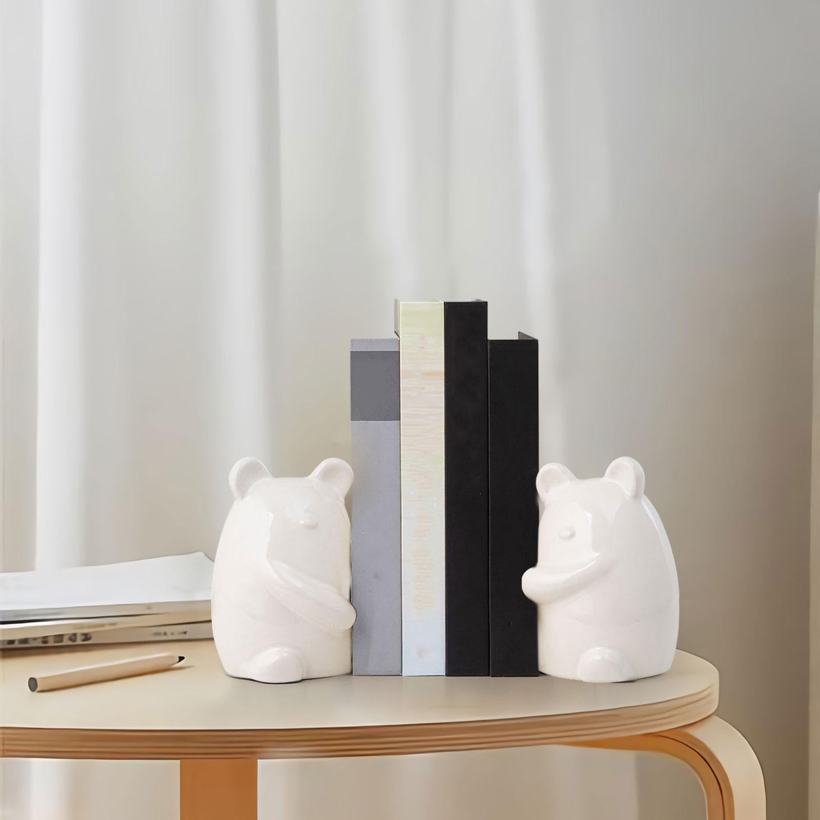 Set of 2 Ceramic Bears Book Ends Stands Bookends 4x3x5.5inch for Cafe Office White