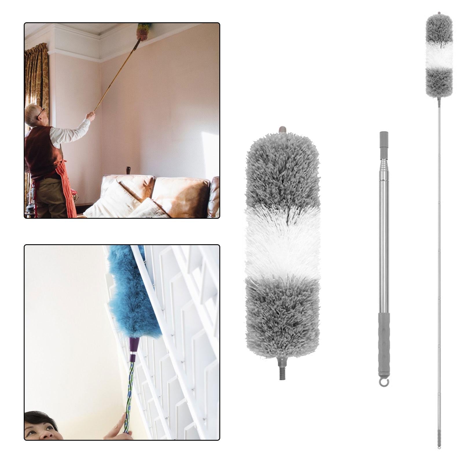 Microfiber Feather Duster Dust Brush Cleaner for Furniture Cars High Ceiling Gray White 2.5m