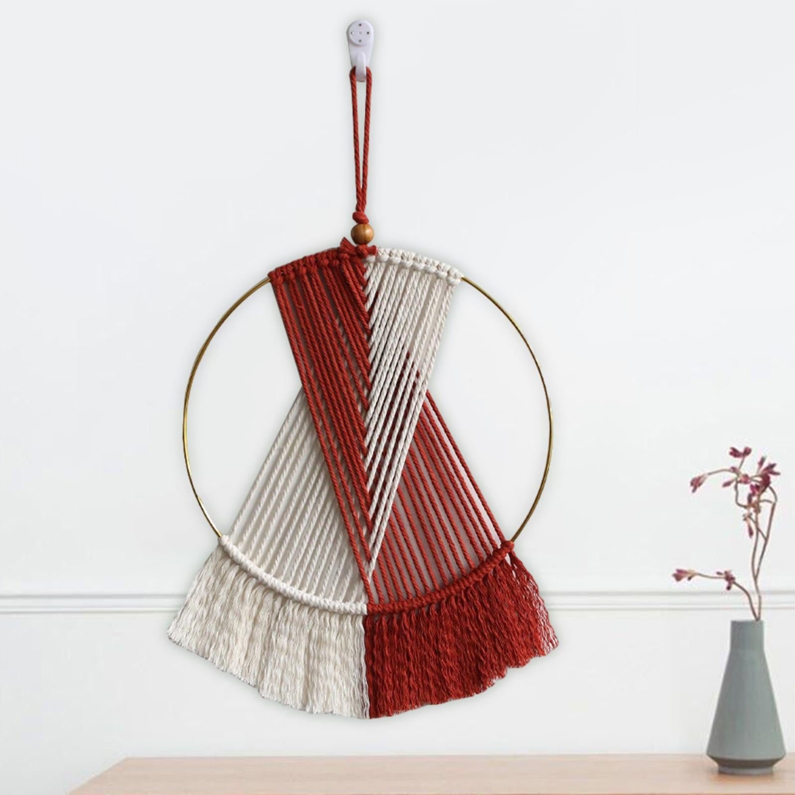 Boho Circular Tassel Tapestry Accents Holiday Handwoven Macrame Wall Hanging Red