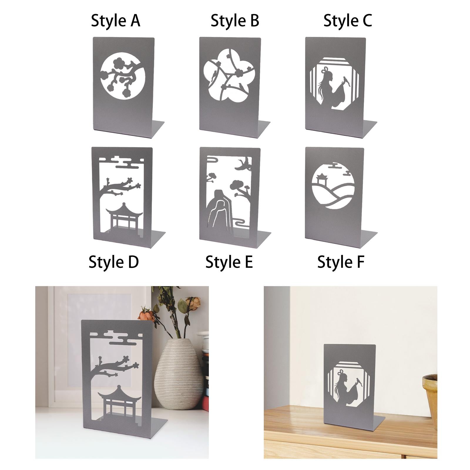 Metal Bookends Decorative Organizer Book Stoppers for Shelves Office Bedroom Style A